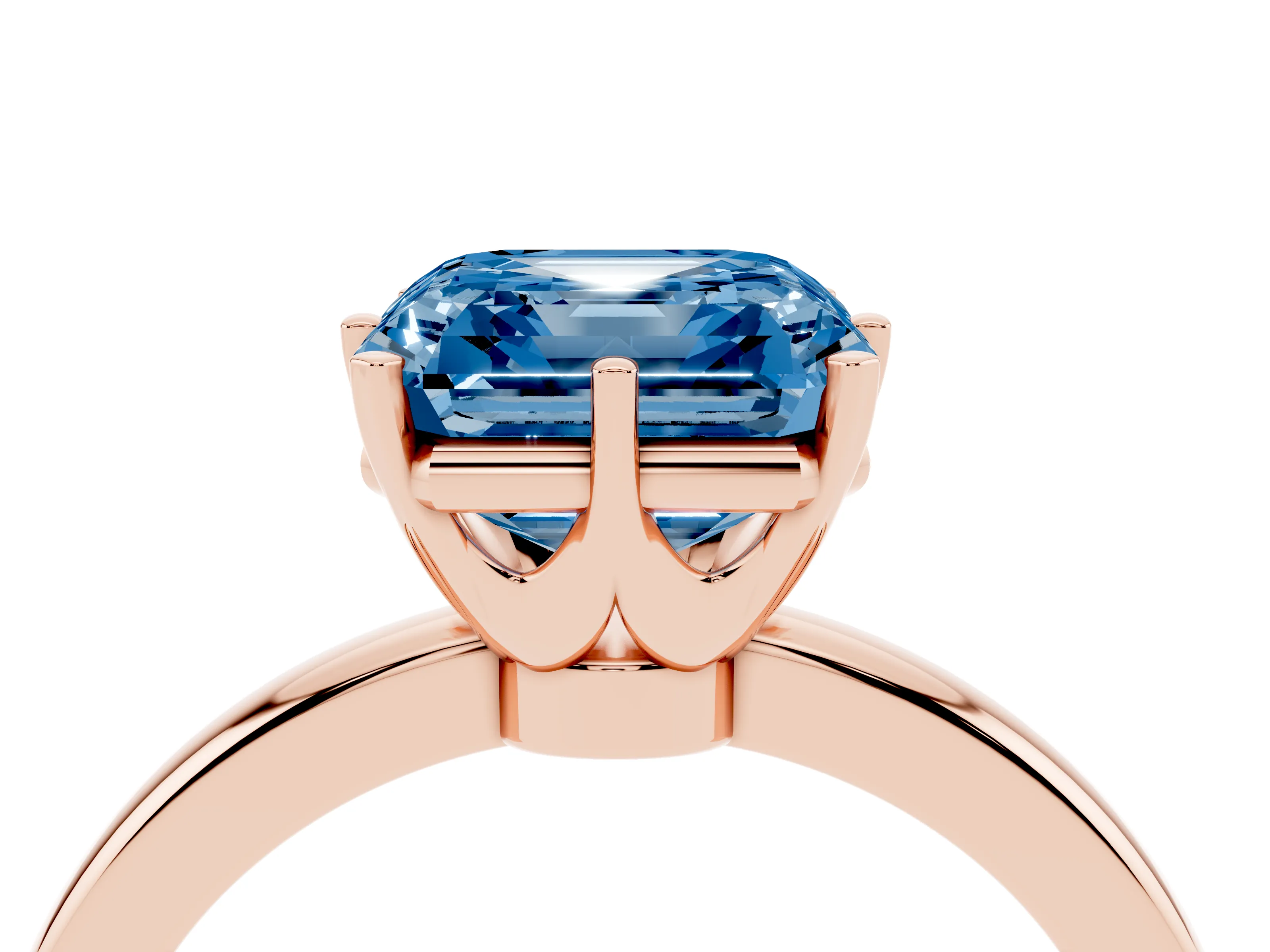Fancy Blue Asscher Cut Diamond Solitaire Ring Set in Rose gold with Raised Prong Setting on a Classic Band