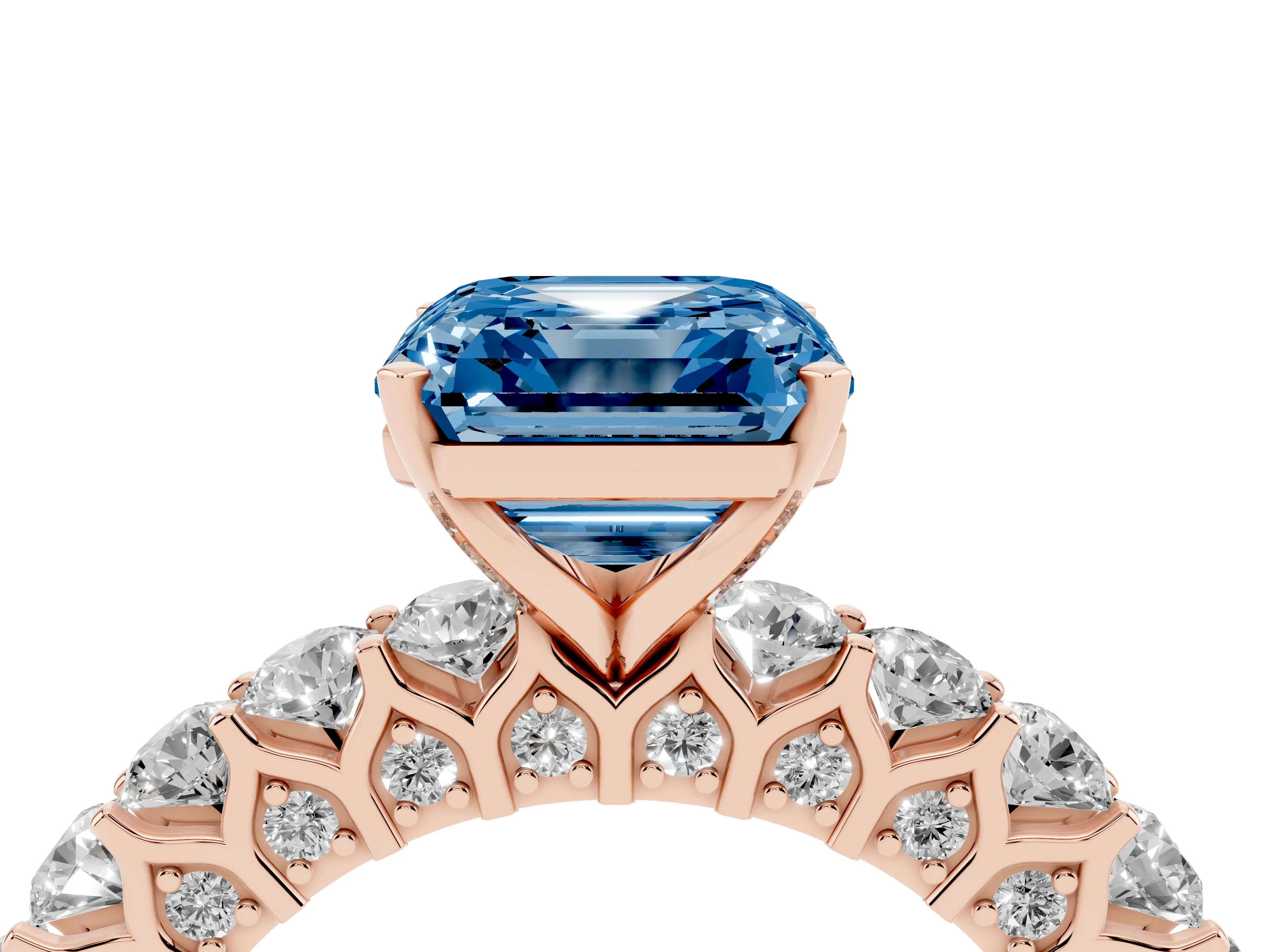 Fancy Blue Asscher Cut Diamond Solitaire Ring Set in Rose gold with Shared Prong Pavé Band