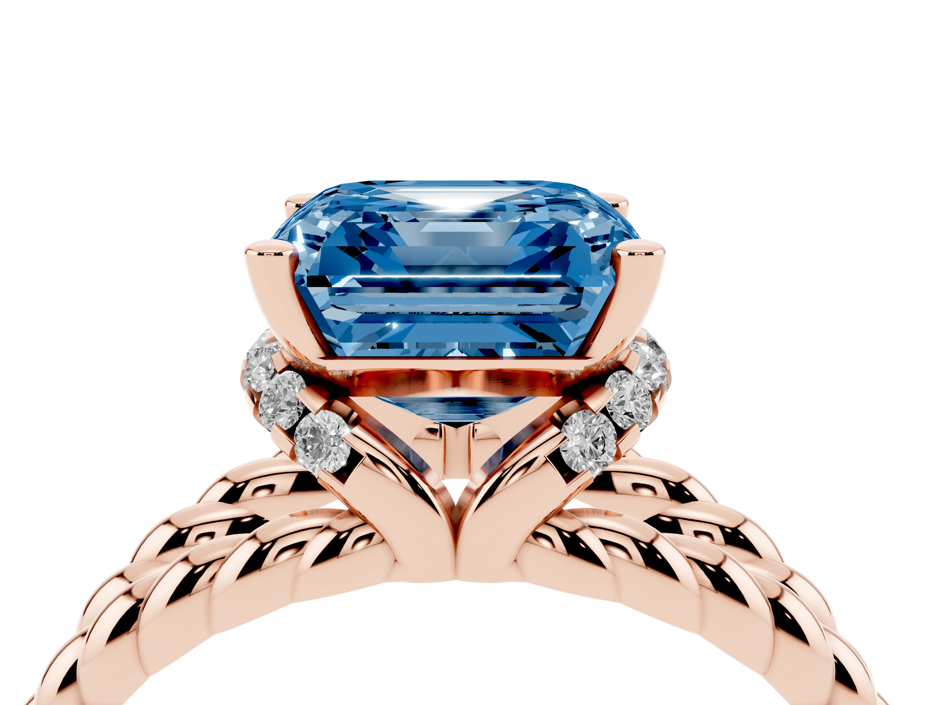 Fancy Blue Asscher Cut Diamond Halo Ring Set in Rose gold with Twisted Band and Prong Setting