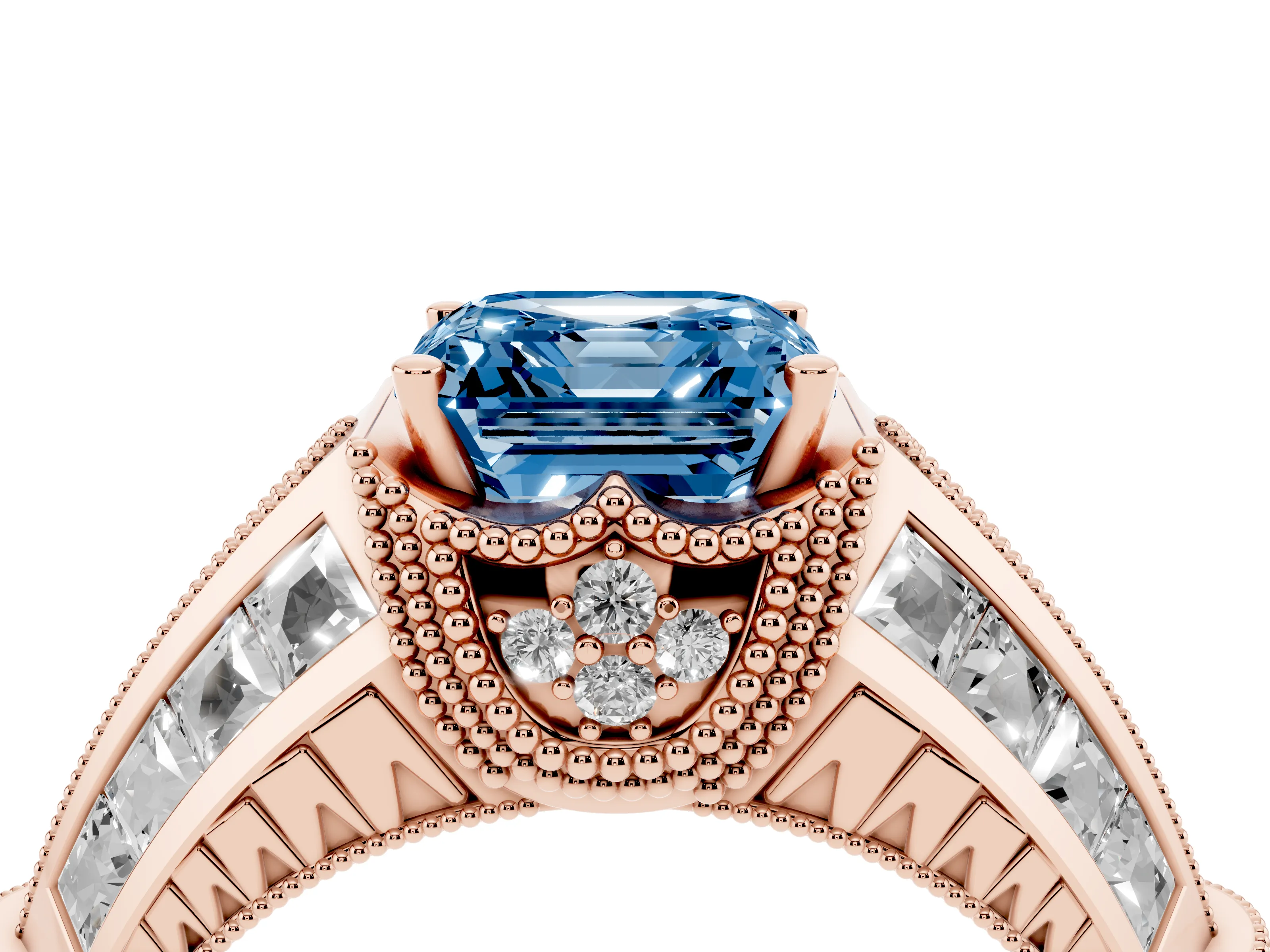 Fancy Blue Asscher Cut Diamond Vintage-Inspired Milgrain Ring Set in Rose gold with Accent Split Shank