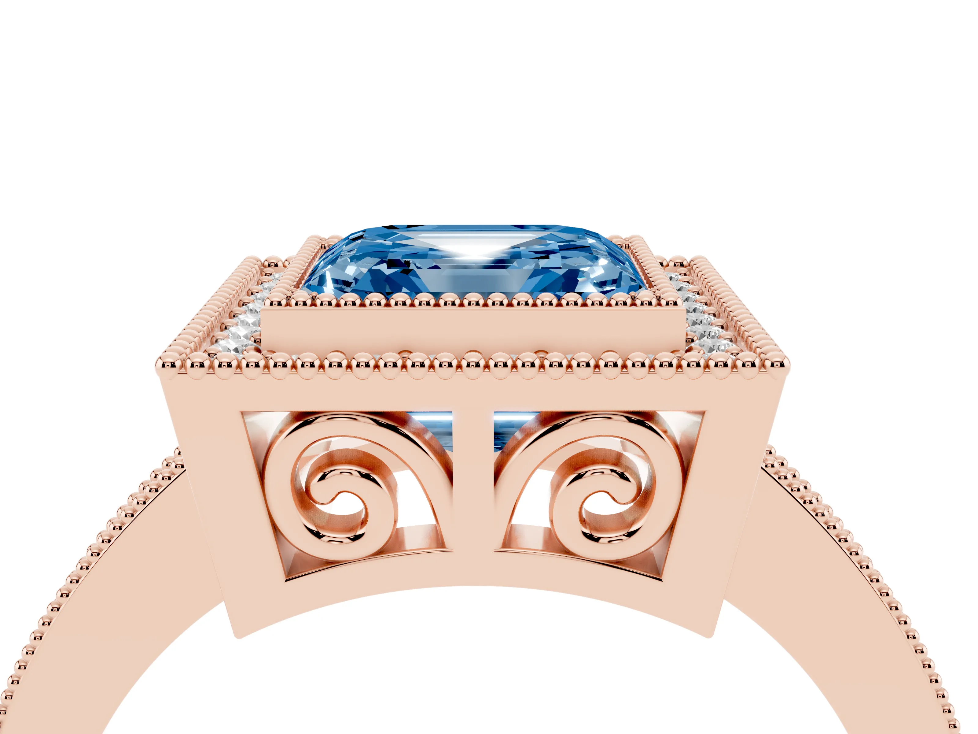 Fancy Blue Asscher Cut Diamond Round Halo Ring Set in Rose gold with Pavé Band