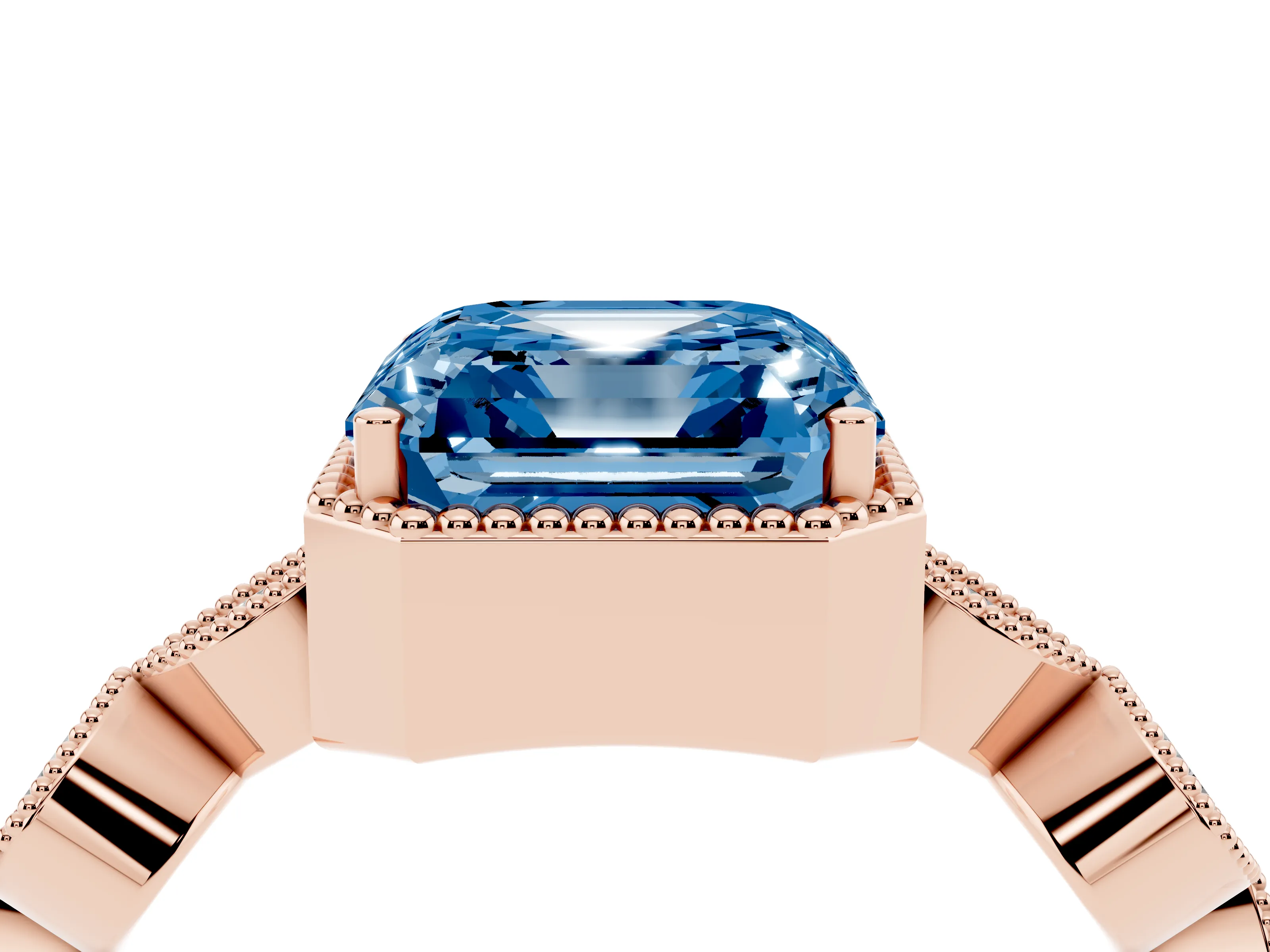 Fancy Blue Asscher Cut Diamond Vintage-Inspired Milgrain Ring Set in Rose gold with Marquise Stations of Round Accents