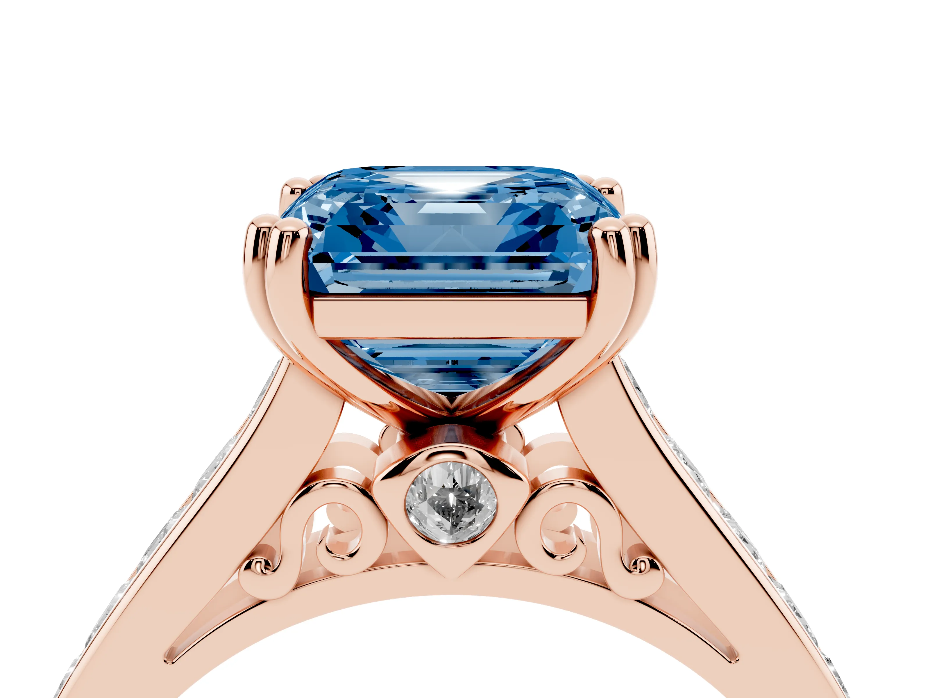 Fancy Blue Asscher Cut Diamond Channel Set Solitaire Engagement Ring Set in Rose gold with Prong Setting