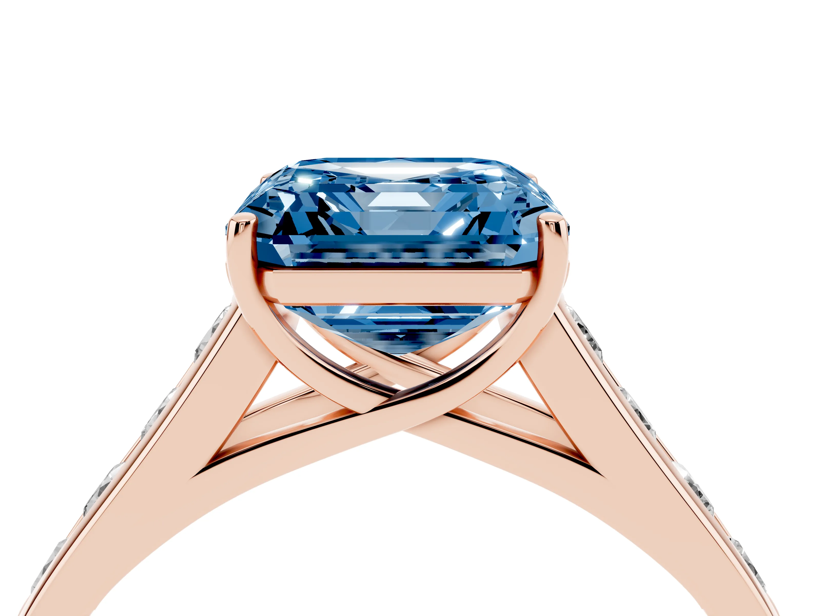 Fancy Blue Asscher Cut Diamond Brilliant Channel-Set Solitaire Ring Set in Rose gold with Prong Setting
