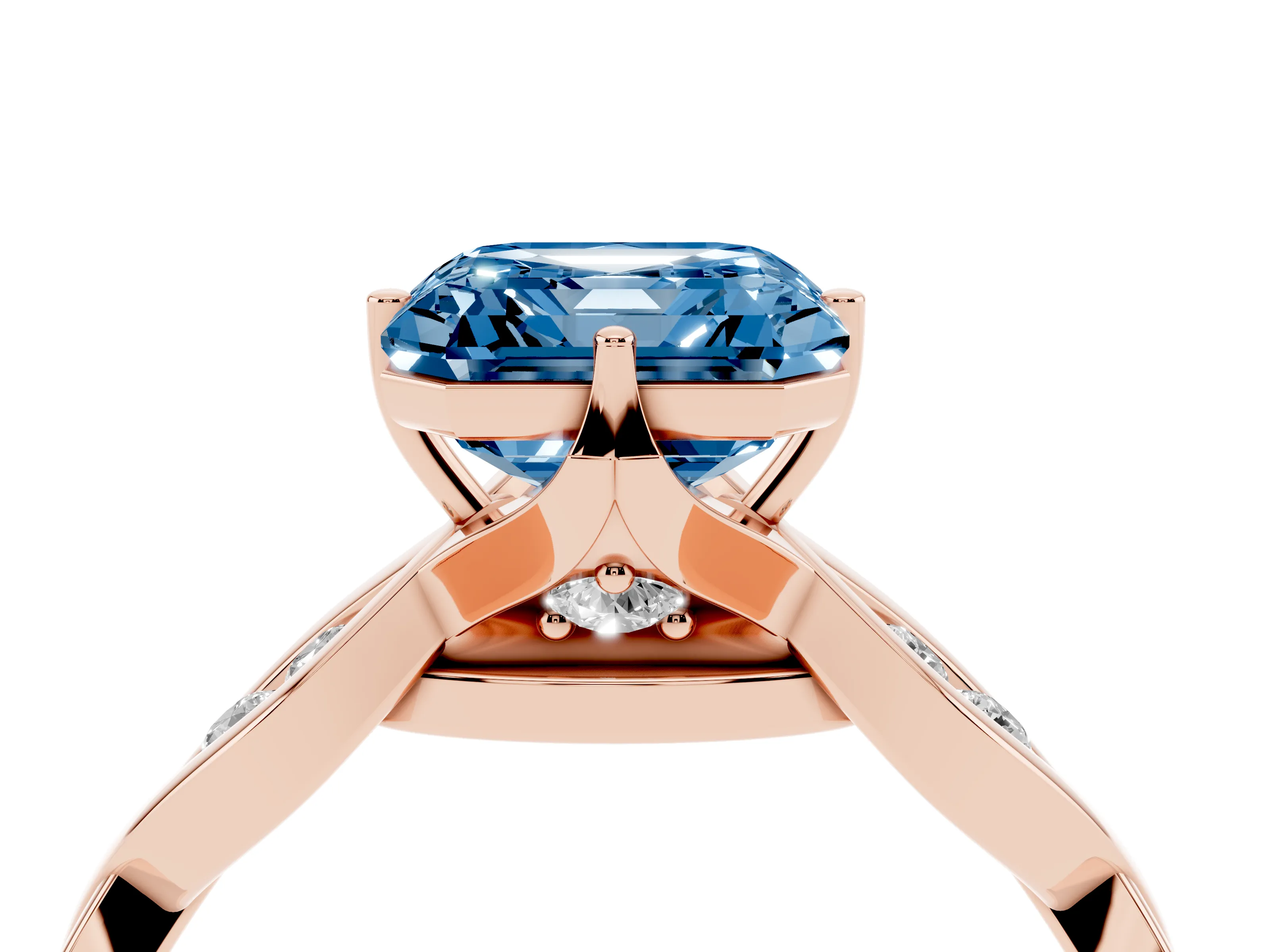 Fancy Blue Asscher Cut Diamond Twist Band Solitaire Ring Set in Rose gold with Leaf Prong Setting and Accent Stones