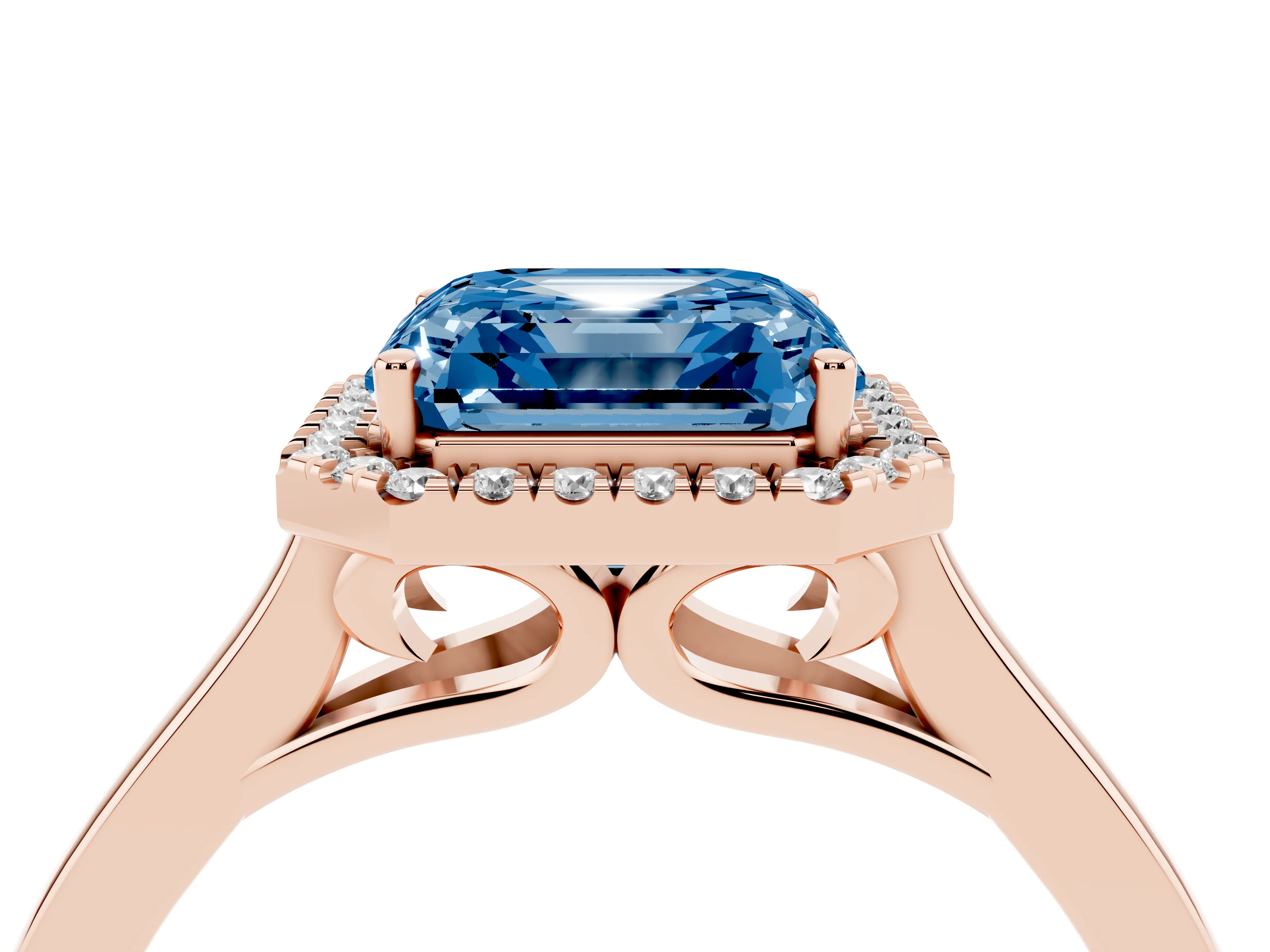 Fancy Blue Asscher Cut Halo Round Diamond Solitaire Ring Set in Rose gold with Pavé Band and Prong Setting