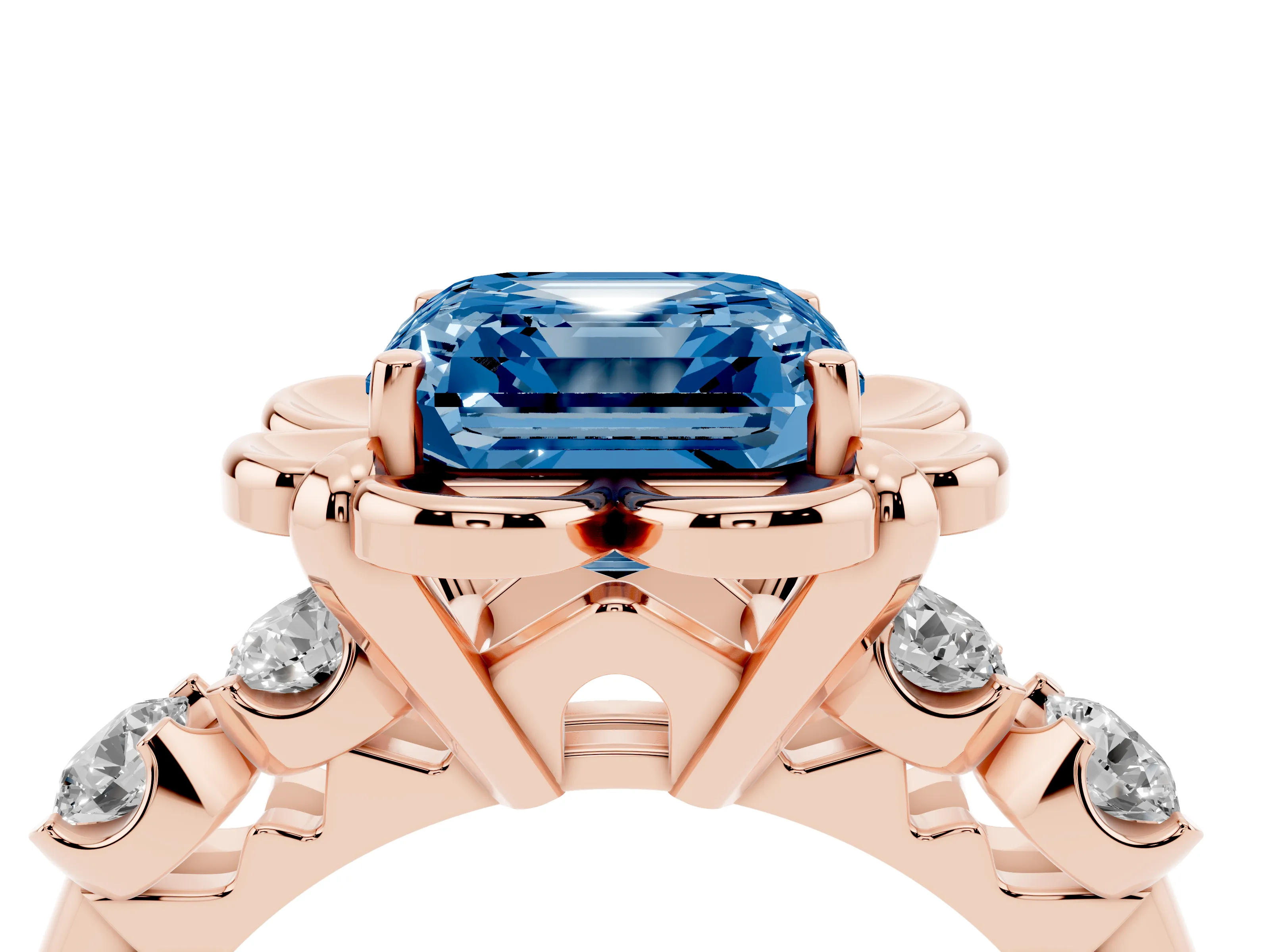 Fancy Blue Asscher Cut Diamond Floral Halo Ring Set in Rose gold with Shared Prong Band