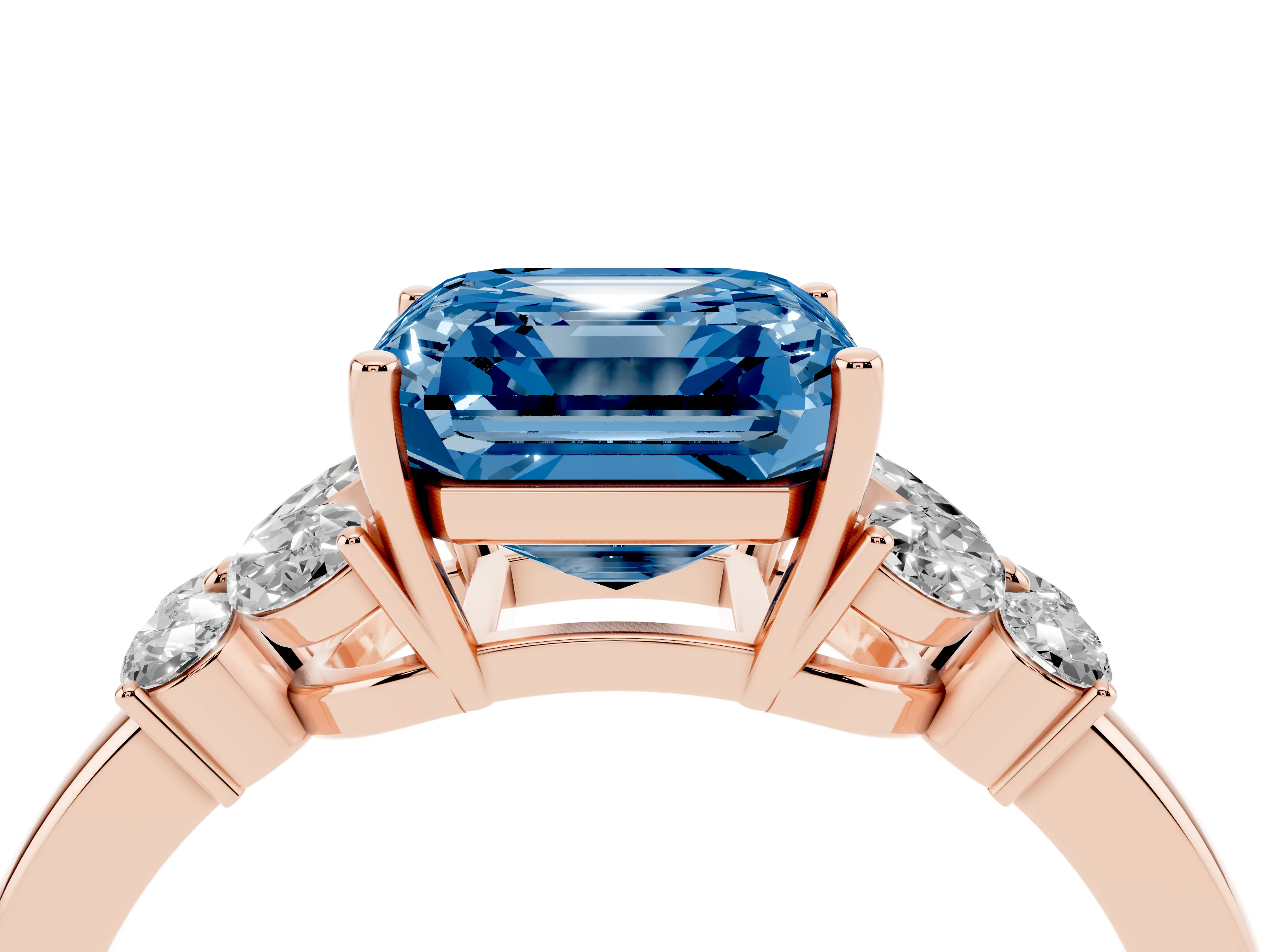 Fancy Blue Asscher Cut Diamond Solitaire Floral Ring Set in Rose gold with Marquise Petals and Prong Setting