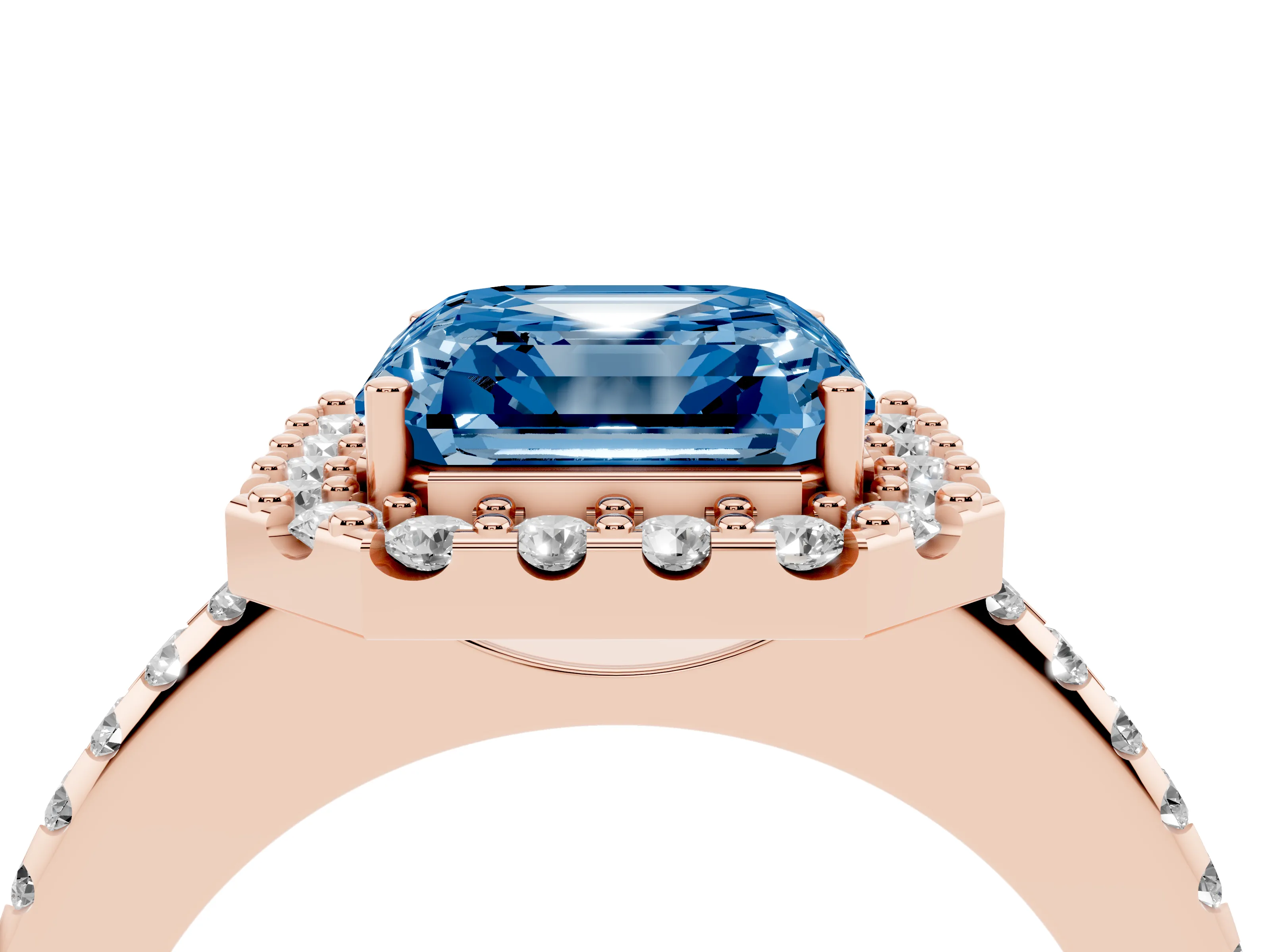 Fancy Blue Asscher Cut Diamond Pavé Halo Ring Set in Rose gold with Prong Setting
