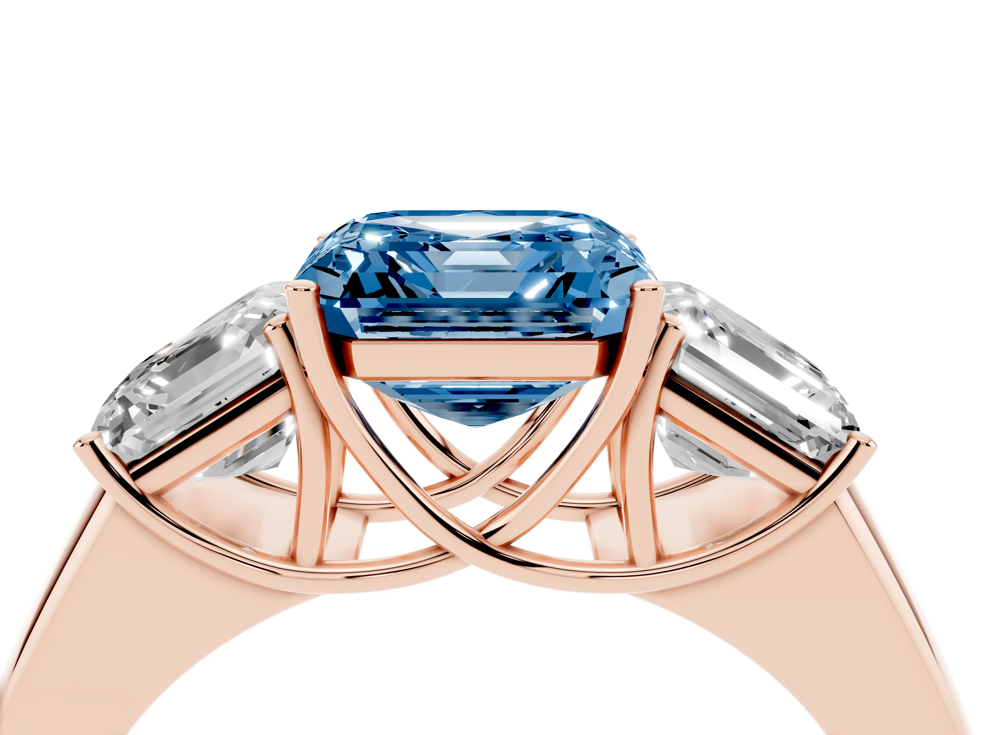 Fancy Blue Three-Stone Asscher Cut Diamond Ring Set in Rose gold with Matching Prong Settings and Plain Band