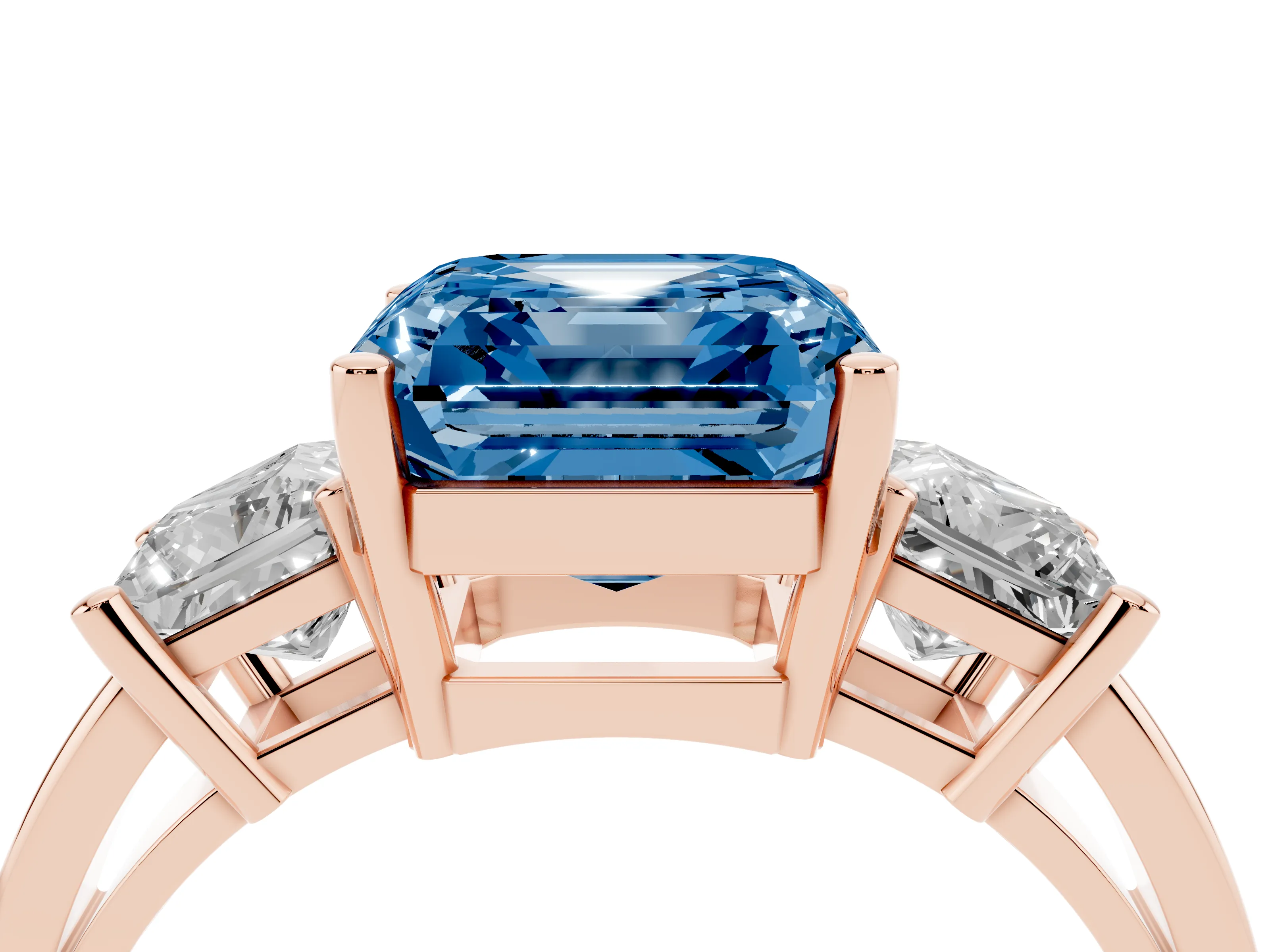 Fancy Blue Three-Stone Asscher Cut Diamond Solitaire Ring Set in Rose gold with Prong Setting