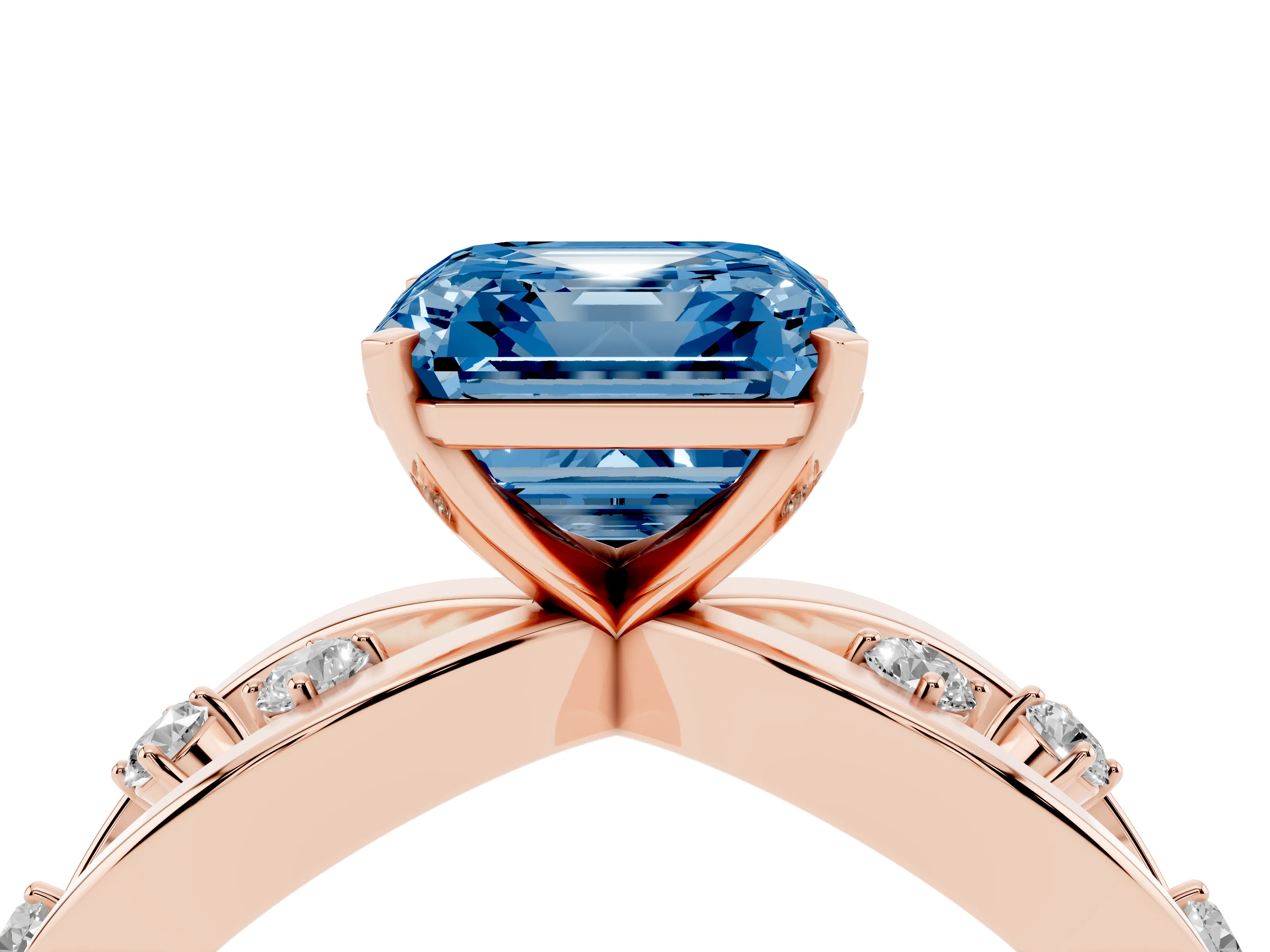 Fancy Blue Asscher Cut Diamond Solitaire Ring Set in Rose gold with Side Stones on Criss-Cross Band and Prong Setting