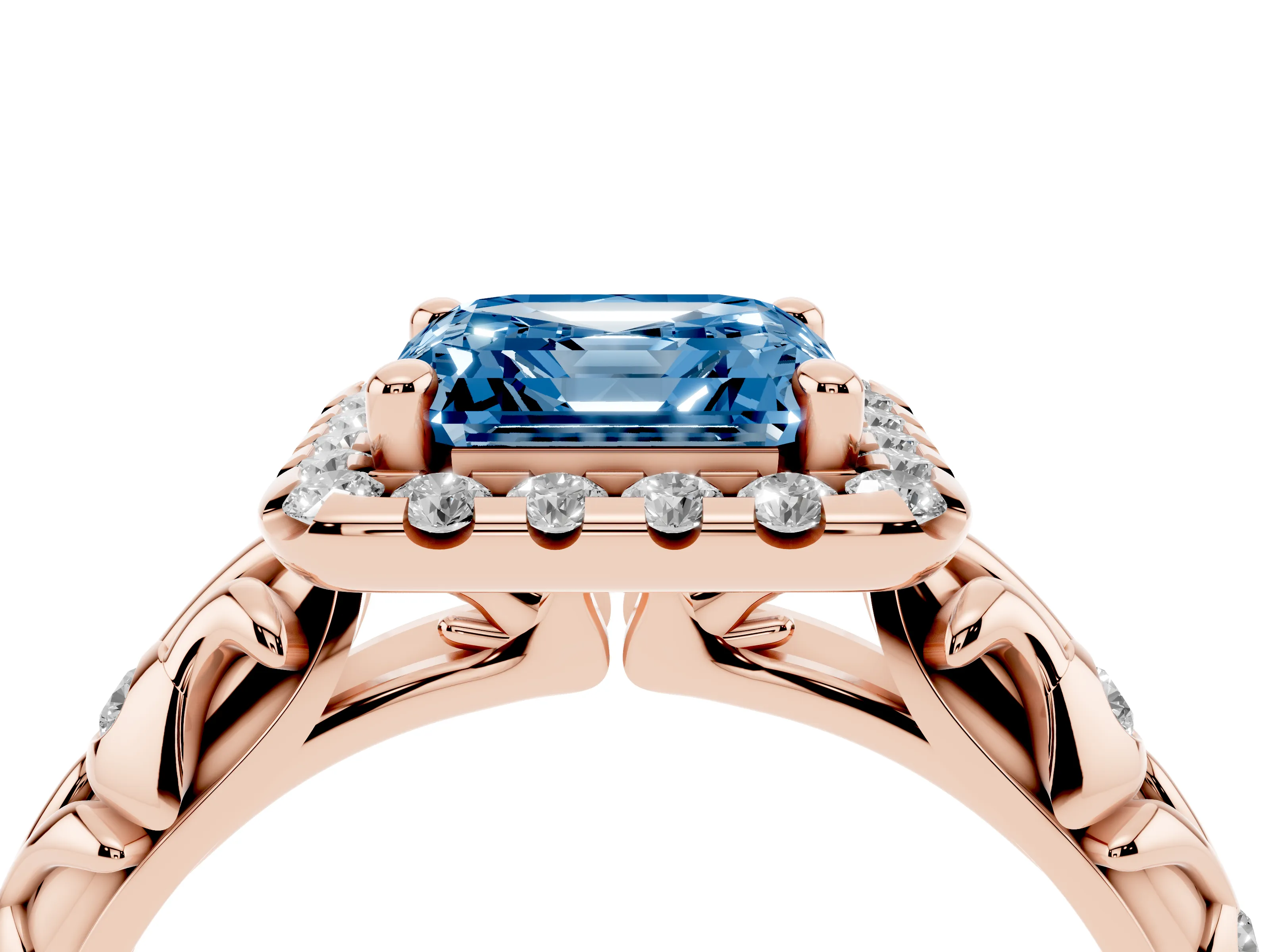 Fancy Blue Asscher Cut Diamond Halo Ring Set in Rose gold with Filigree Leaf Band and Prong Setting