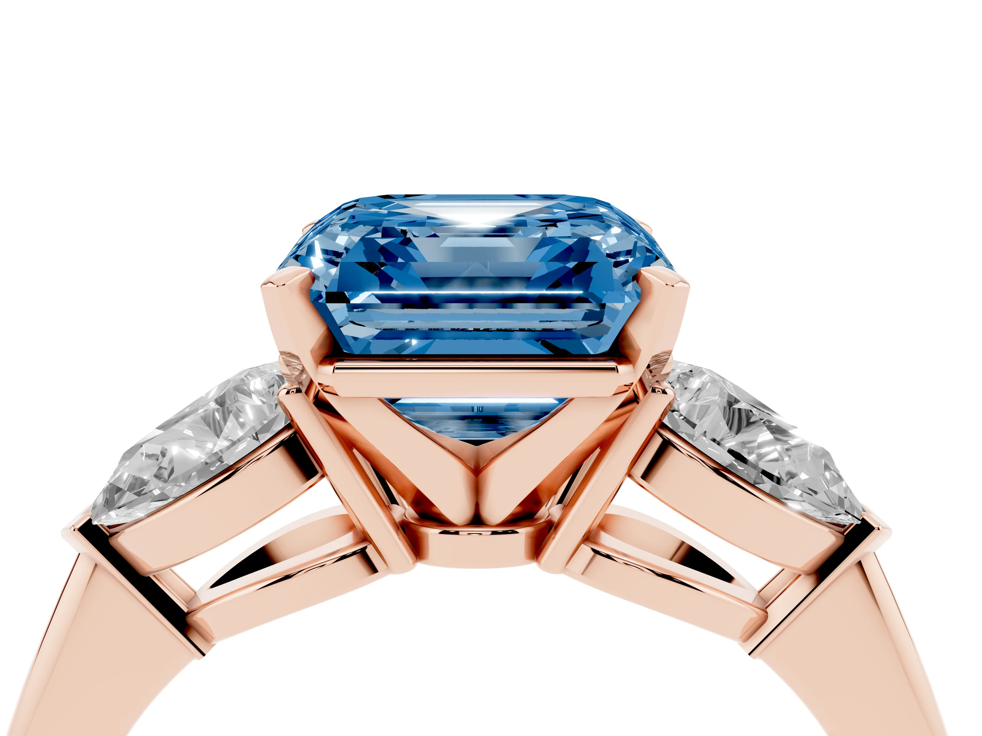 Fancy Blue Three-Stone Asscher Cut Diamond Ring Set in Rose gold with Pear Side Stones and Prong Setting