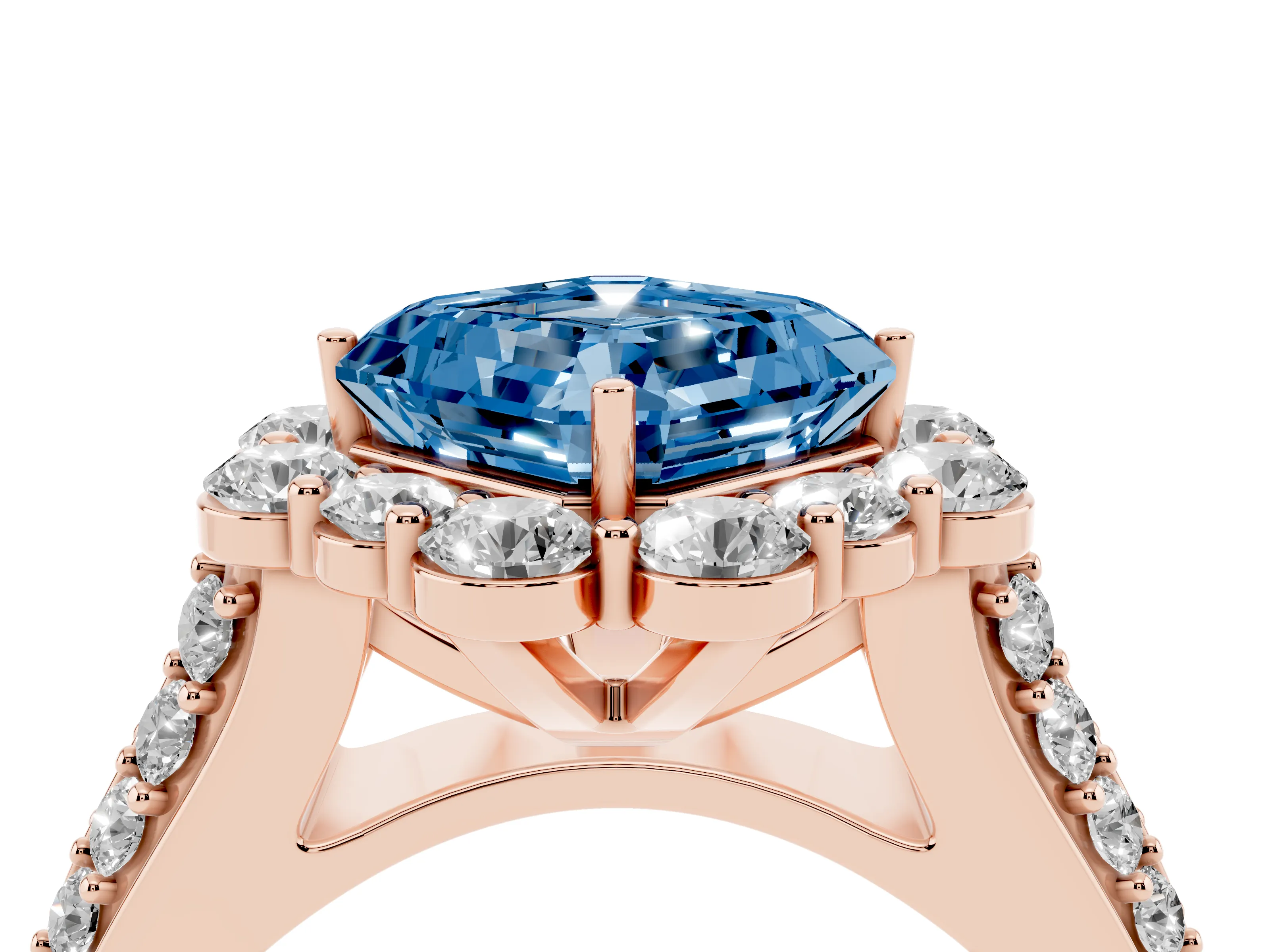 Fancy Blue Asscher Cut Diamond Halo Engagement Ring Set in Rose gold with Split Shank and Prong Setting
