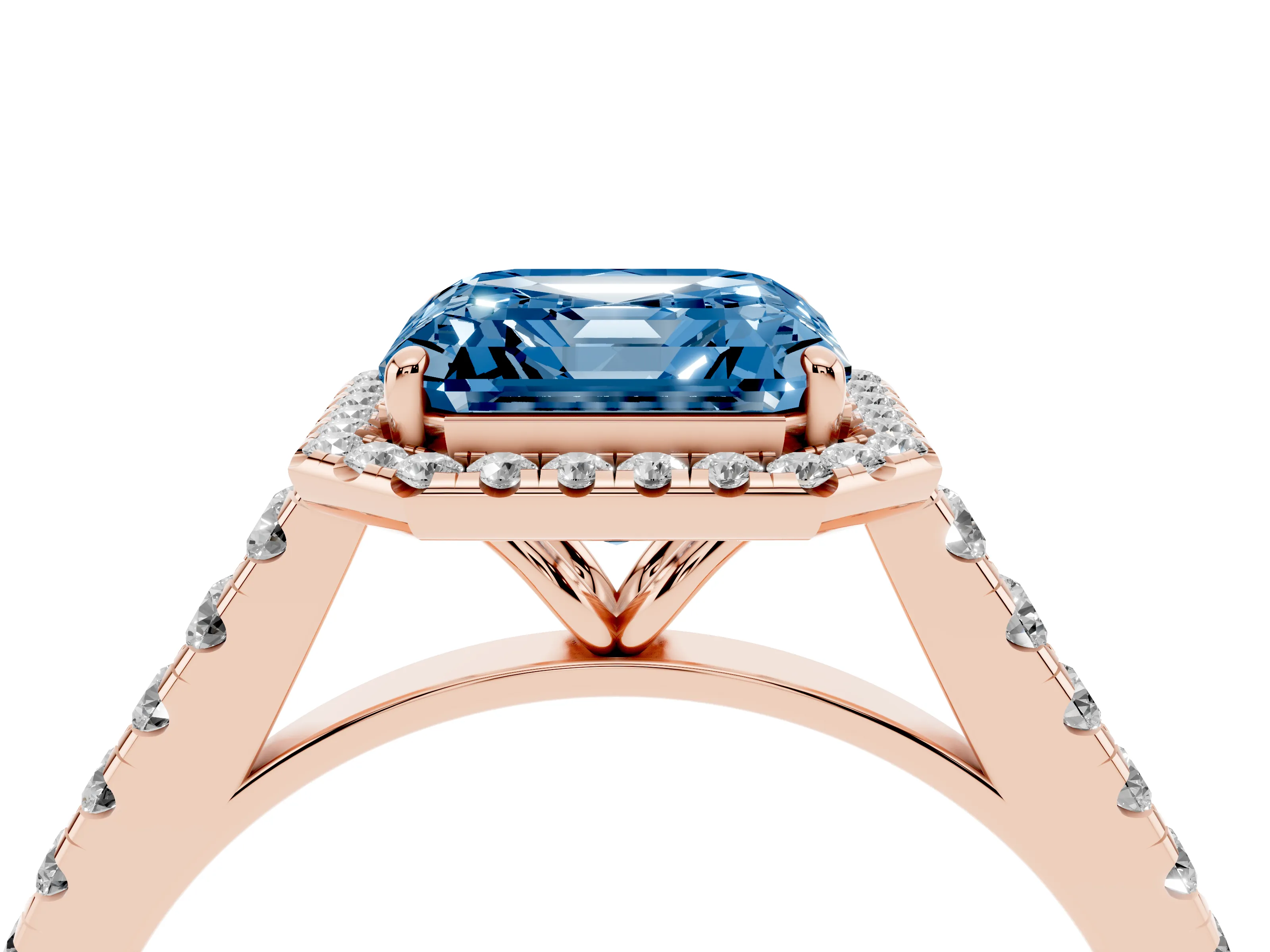 Fancy Blue Asscher Cut Diamond Halo Pavé Engagement Ring Set in Rose gold with Prong Setting