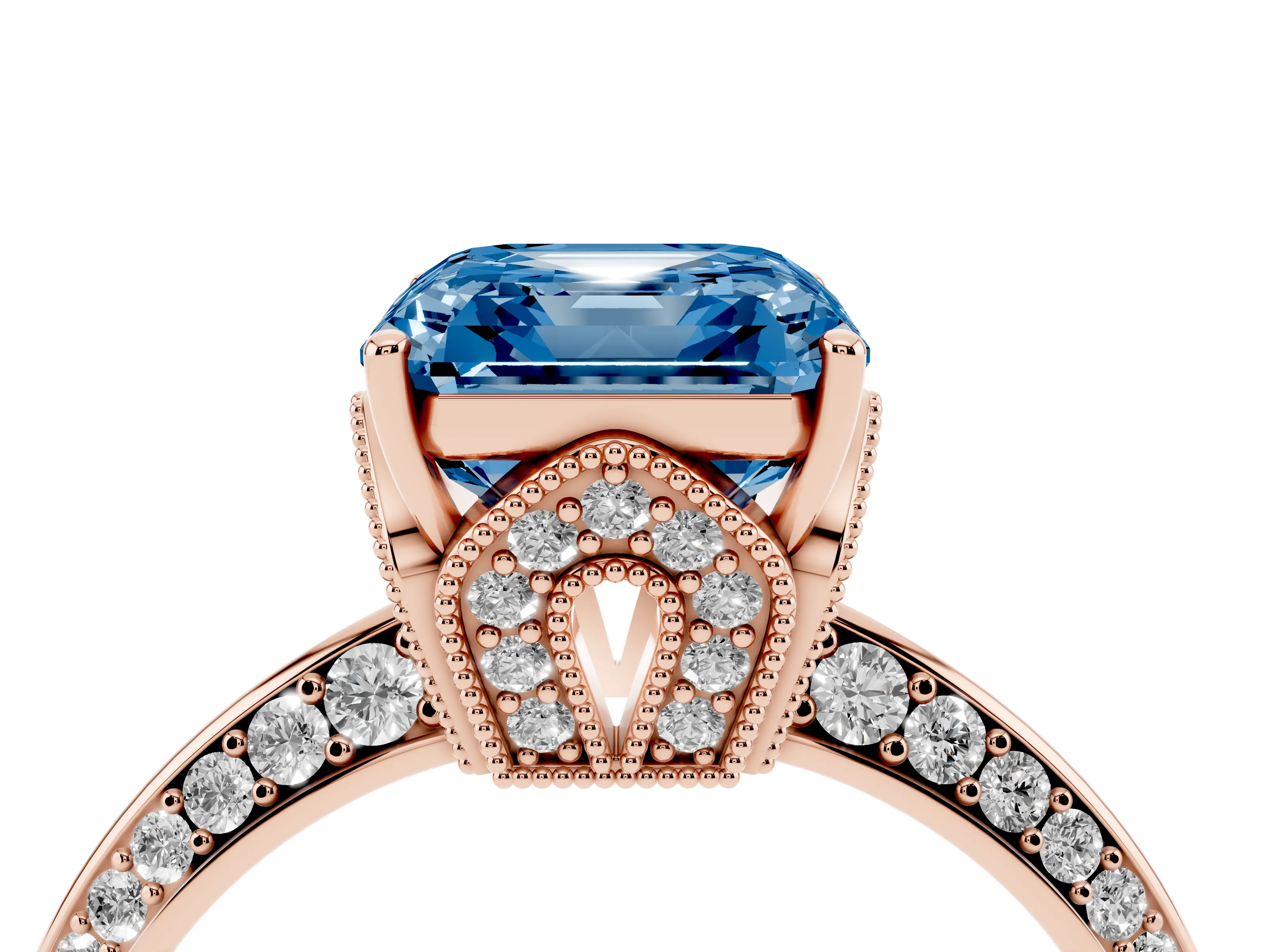 Fancy Blue Asscher Cut Diamond Solitaire Engagement Ring Set in Rose gold with Pavé Split Shank and Prong Setting