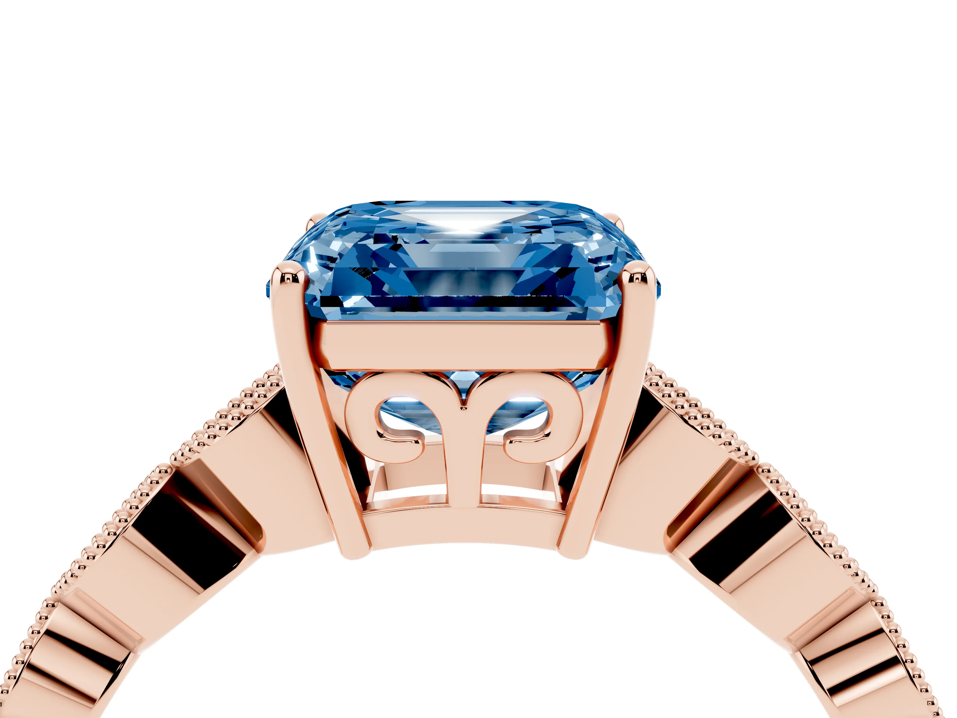 Fancy Blue Asscher Cut Diamond Solitaire Ring Set in Rose gold with Infinity Twist Pavé Band