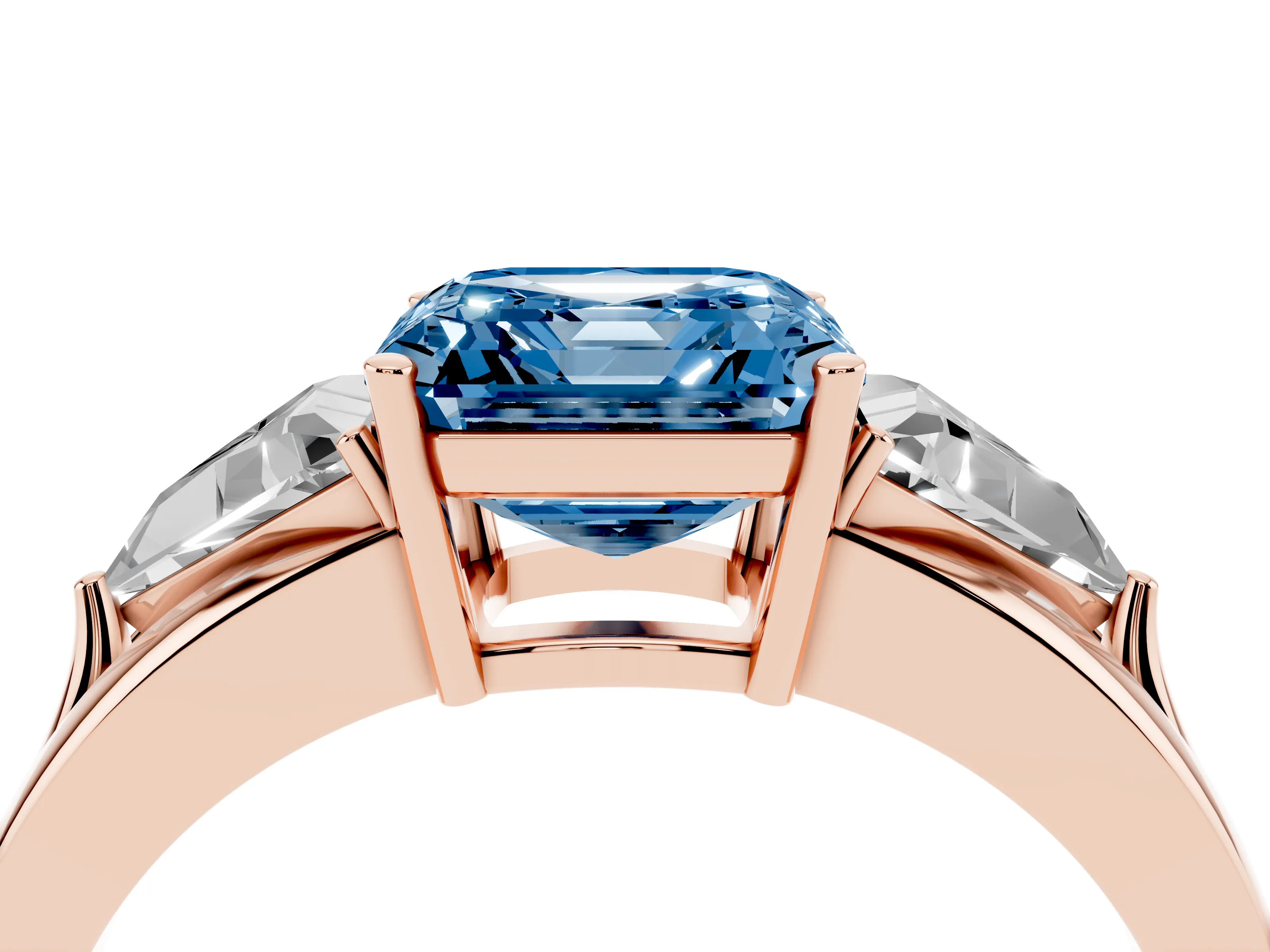 Fancy Blue Asscher Cut Diamond Three-Stone Ring Set in Rose gold with Trillion Side Stones and Split Shank
