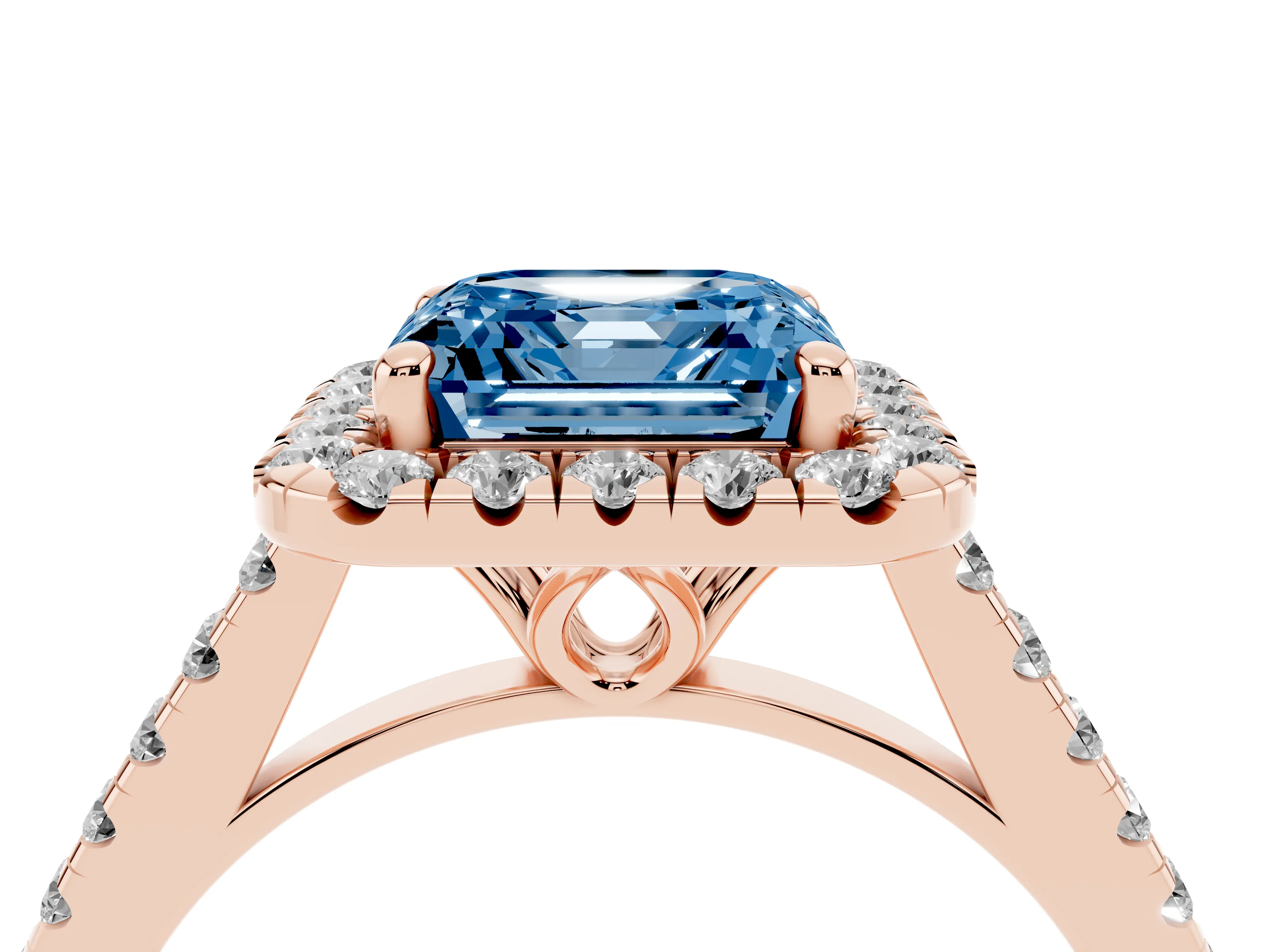 Fancy Blue Asscher Cut Diamond Pavé Halo Engagement Ring Set in Rose gold with Pavé Band and Prong Setting
