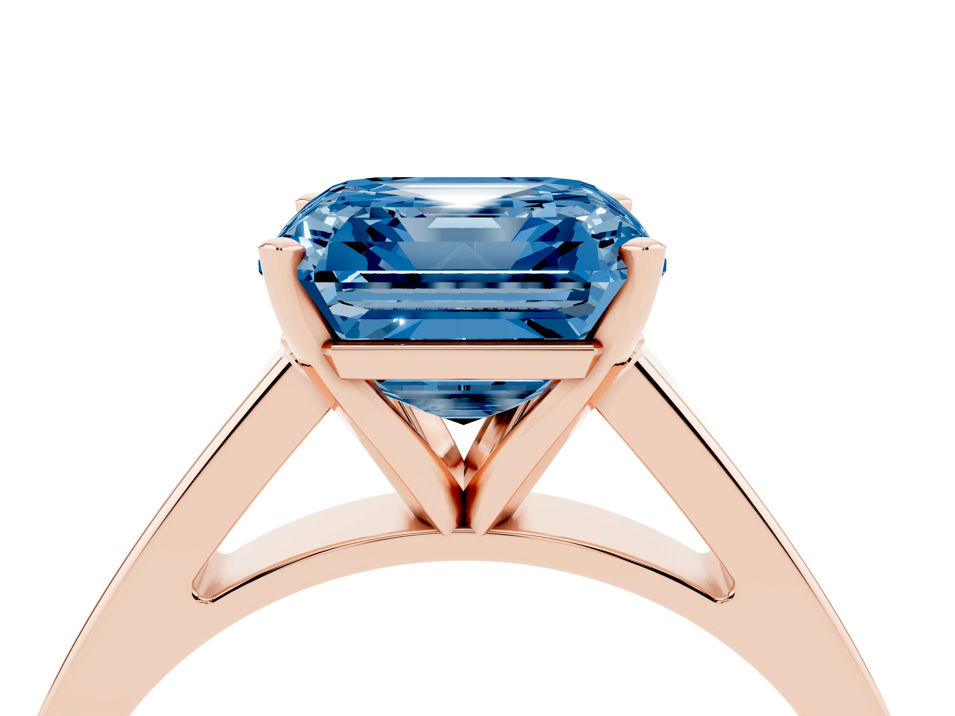 Fancy Blue Asscher Cut Diamond Solitaire Engagement Ring Set in Rose gold with Prong Setting and Tapered Band