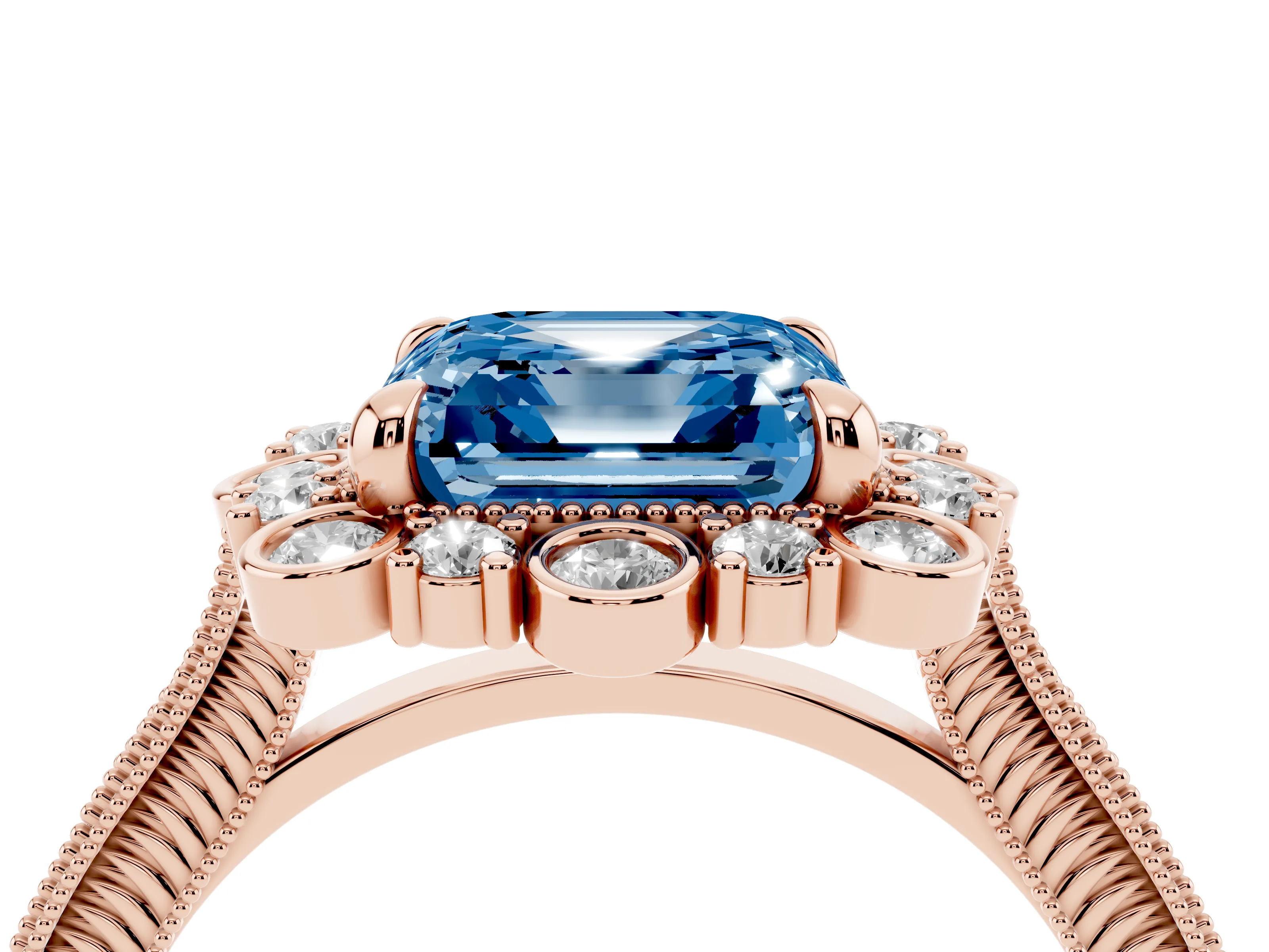 Fancy Blue Asscher Cut Diamond Halo Milgrain Pavé Ring Set in Rose gold with Prong Setting