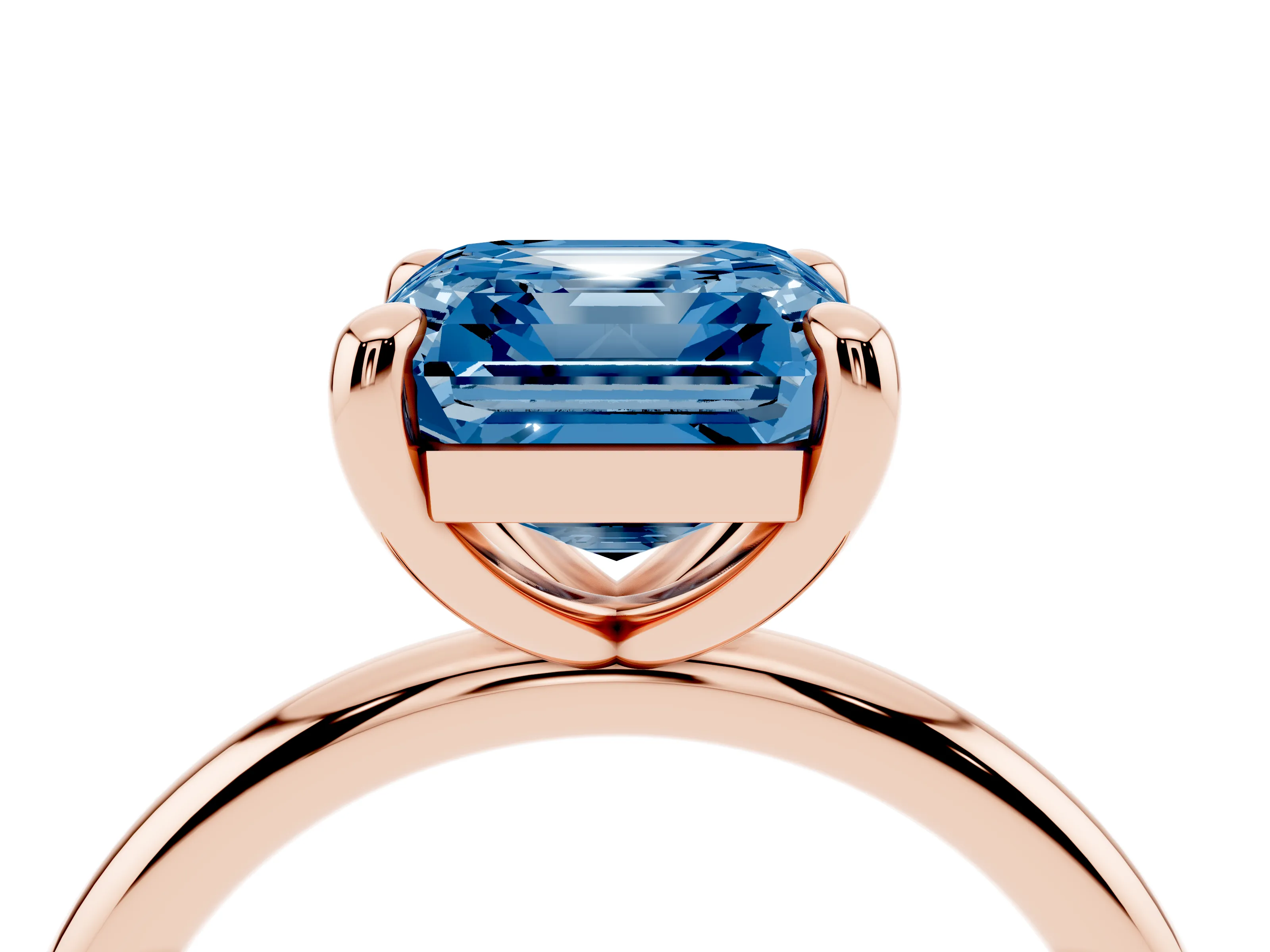 Fancy Blue Asscher Cut Diamond Solitaire Ring Set in Rose gold with Prong Setting on a Polished Plain Band