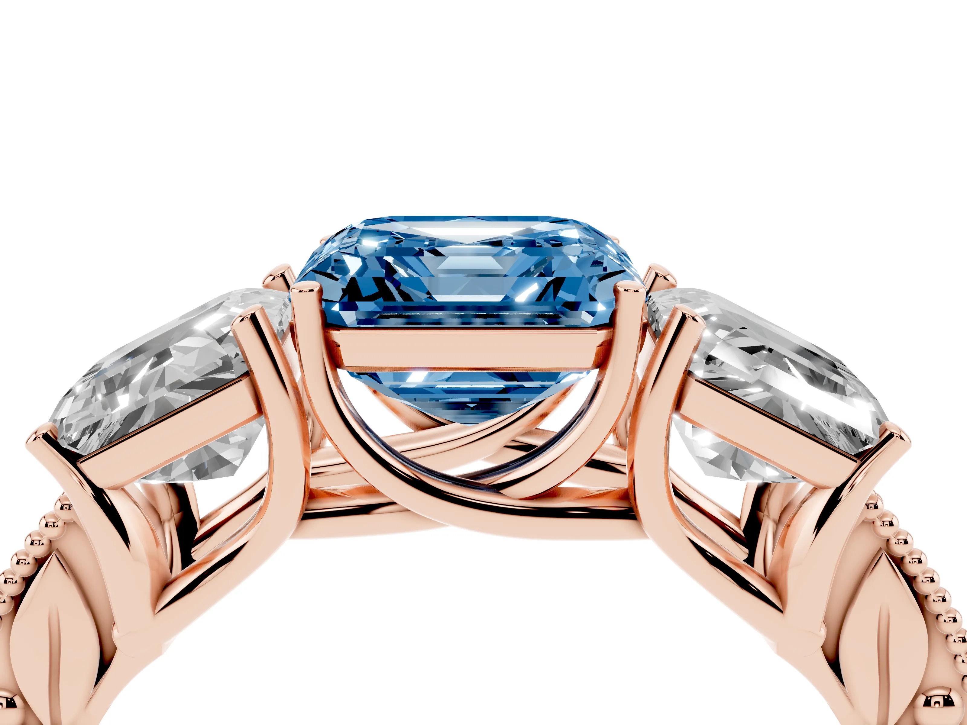 Fancy Blue Asscher Cut Diamond Three-Stone Engagement Ring Set in Rose gold with Milgrain Pavé Band