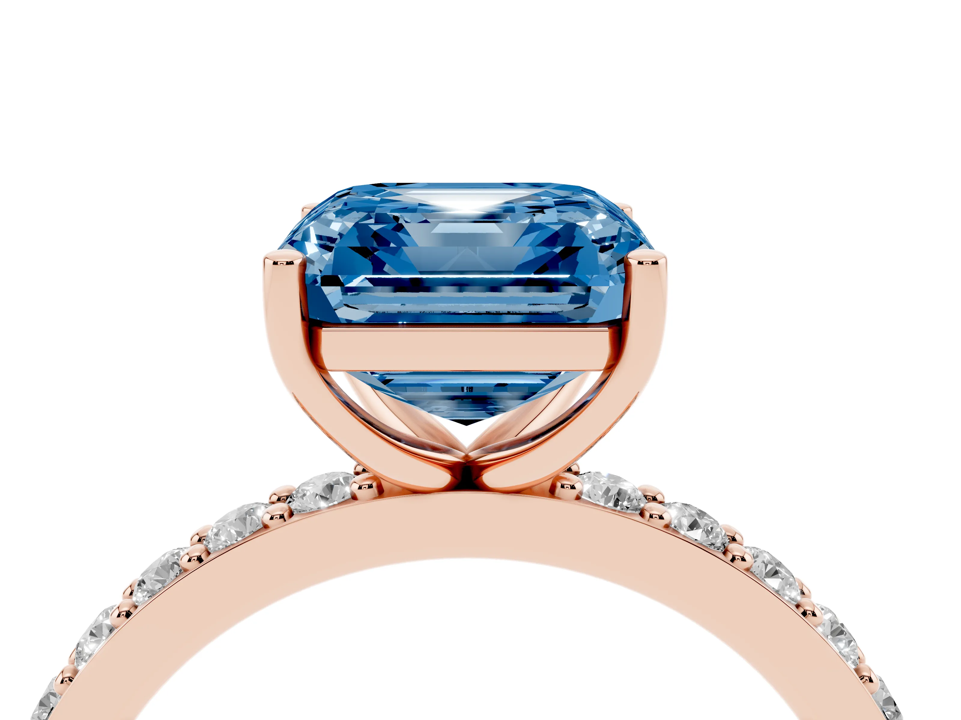 Fancy Blue Asscher Cut Diamond Solitaire Set in Rose gold with Round Pavé Band and Prong Setting