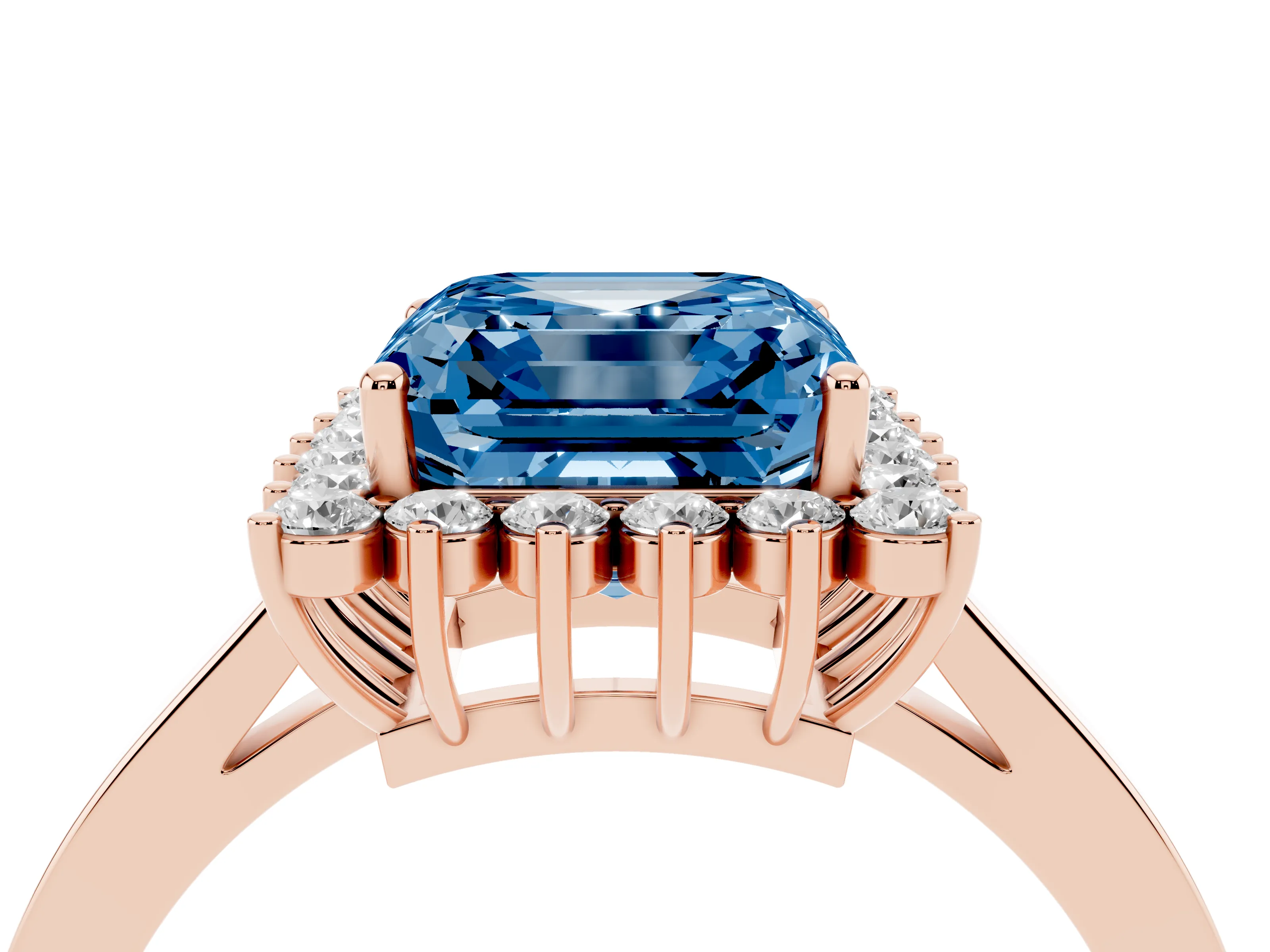 Fancy Blue Asscher Cut Diamond Halo Ring Set in Rose gold with Round Halo and Smooth Solitaire Band