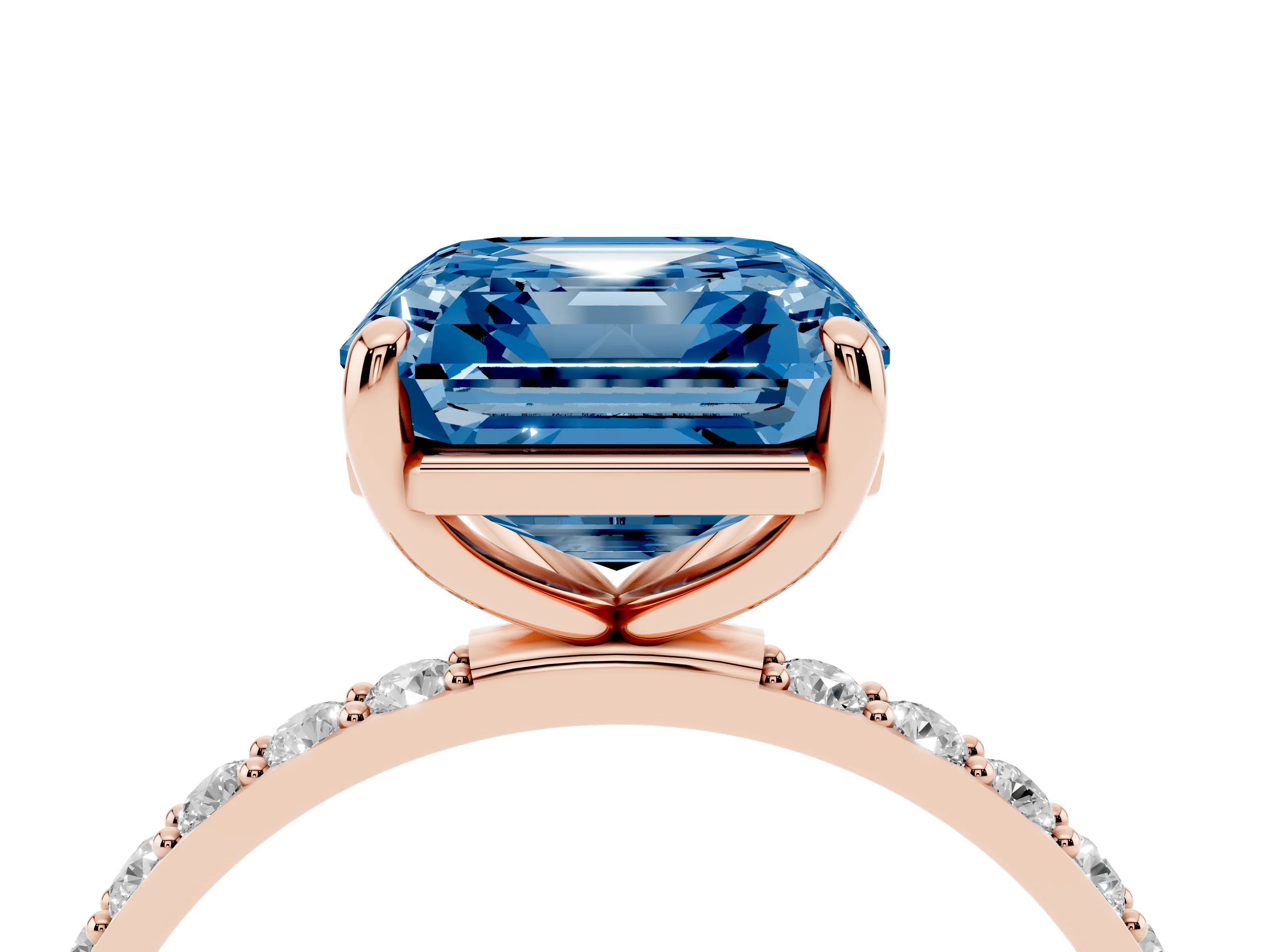 Fancy Blue Asscher Cut Diamond Solitaire Ring Set in Rose gold with Round Pavé Band and Prong Setting