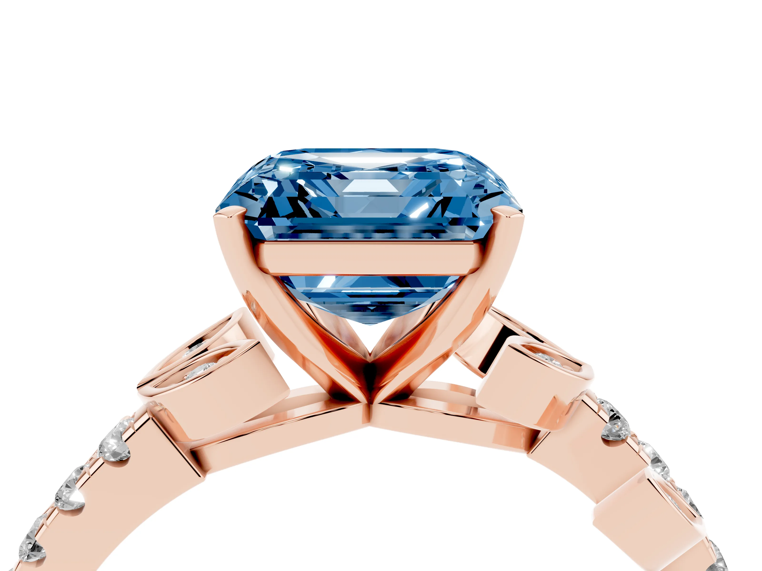 Fancy Blue Asscher Cut Diamond Solitaire Leaf-Inspired Ring Set in Rose gold with Pavé Band and Prong Setting