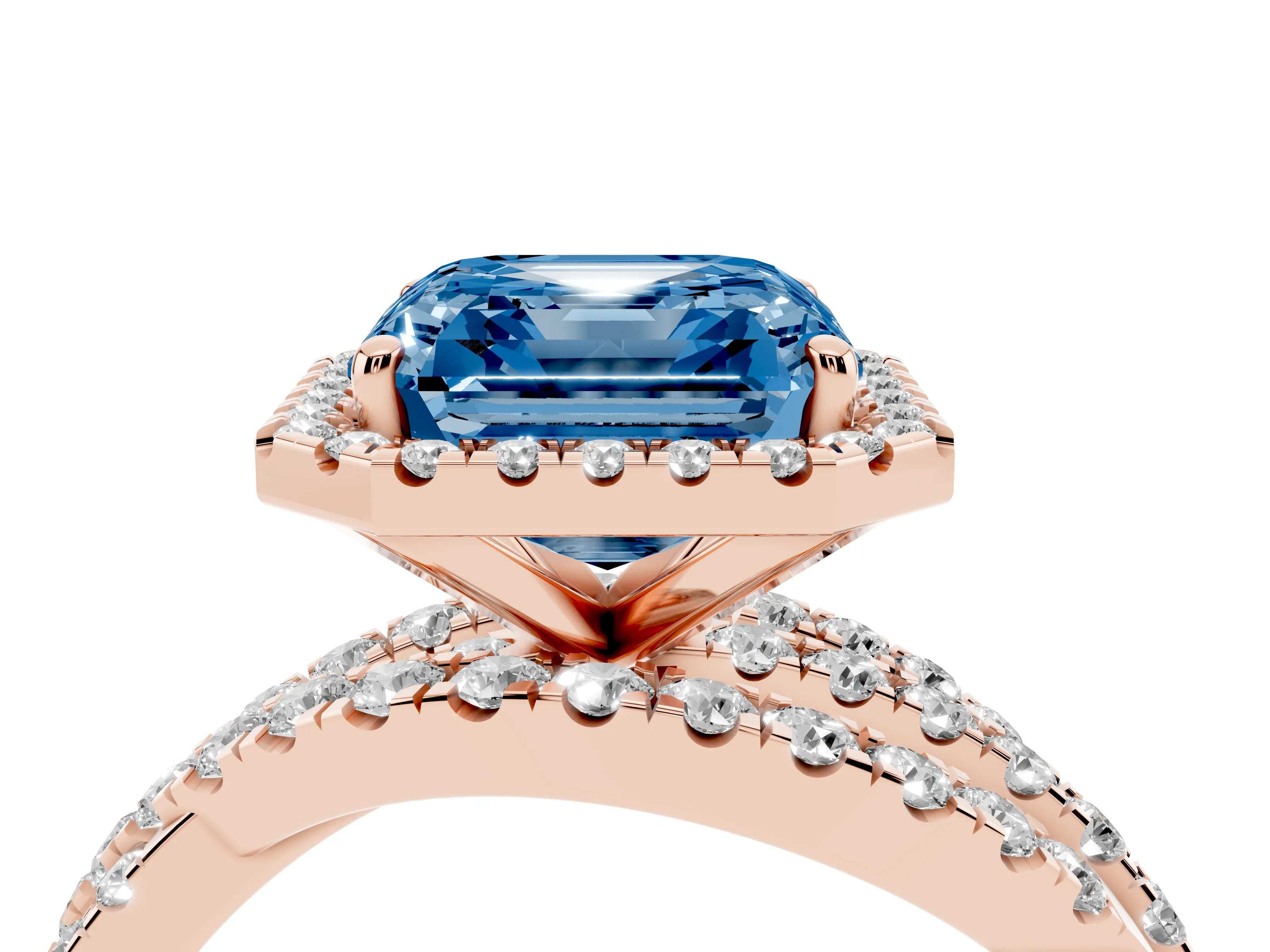 Fancy Blue Asscher Cut Diamond Halo Ring Set in Rose gold with Round Crossover Split Shank and Prong Setting