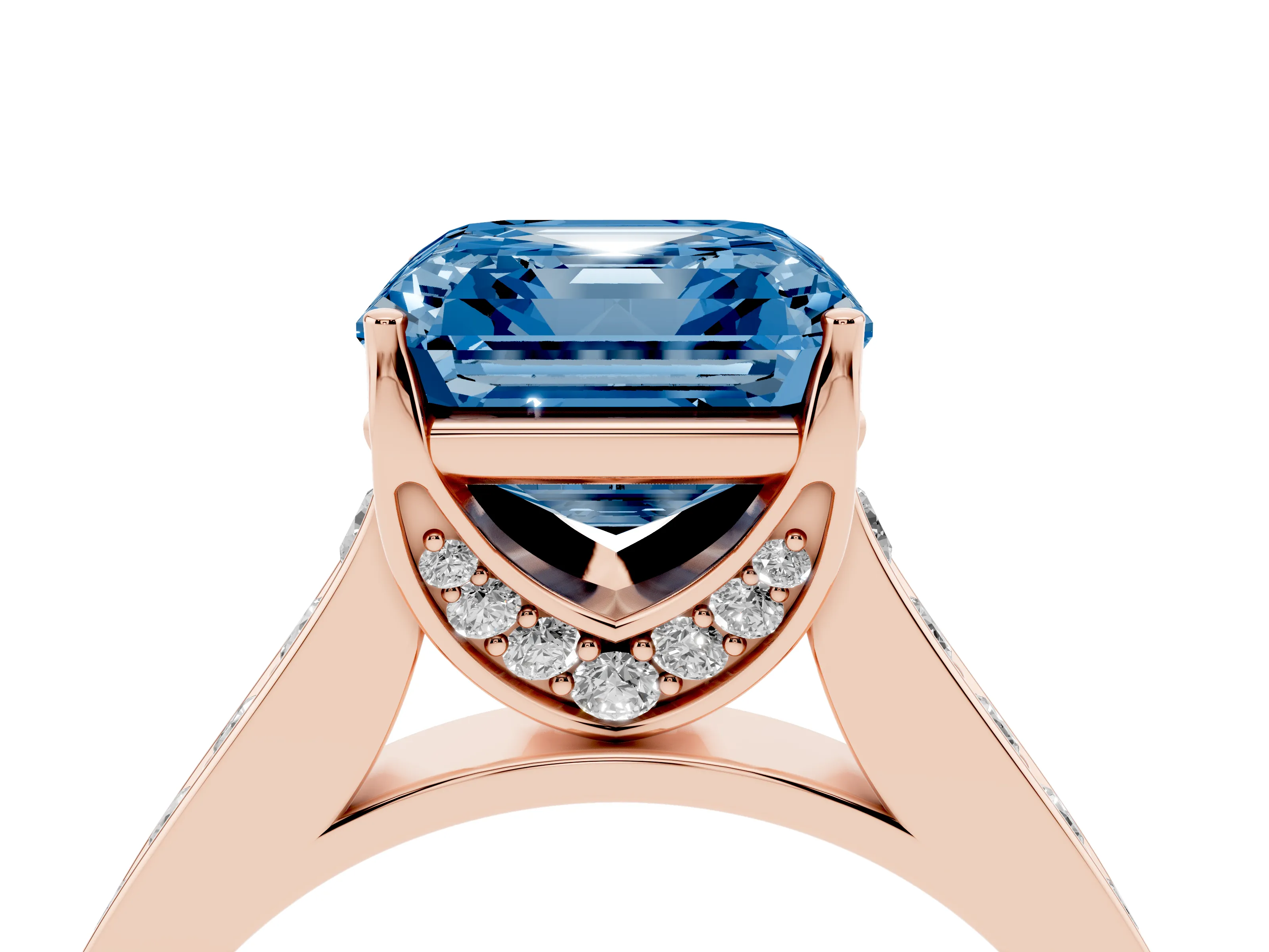 Fancy Blue Asscher Cut Diamond Solitaire Pavé Engagement Ring Set in Rose gold with Prong Setting