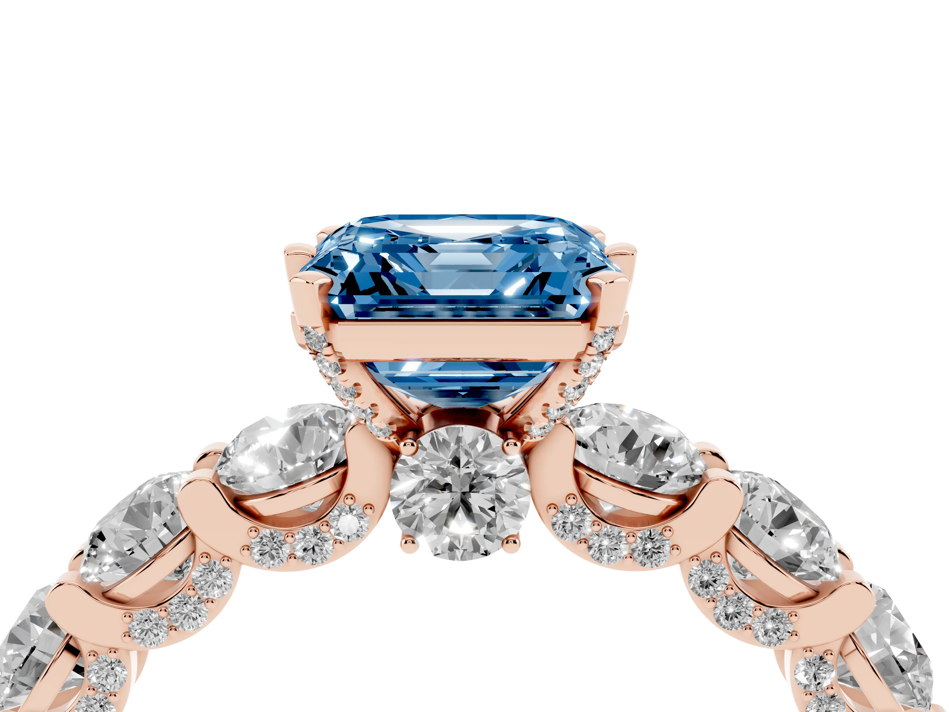 Fancy Blue Asscher Cut Diamond Side Stone Ring Set in Rose gold with Alternating Round and Oval Side Stones