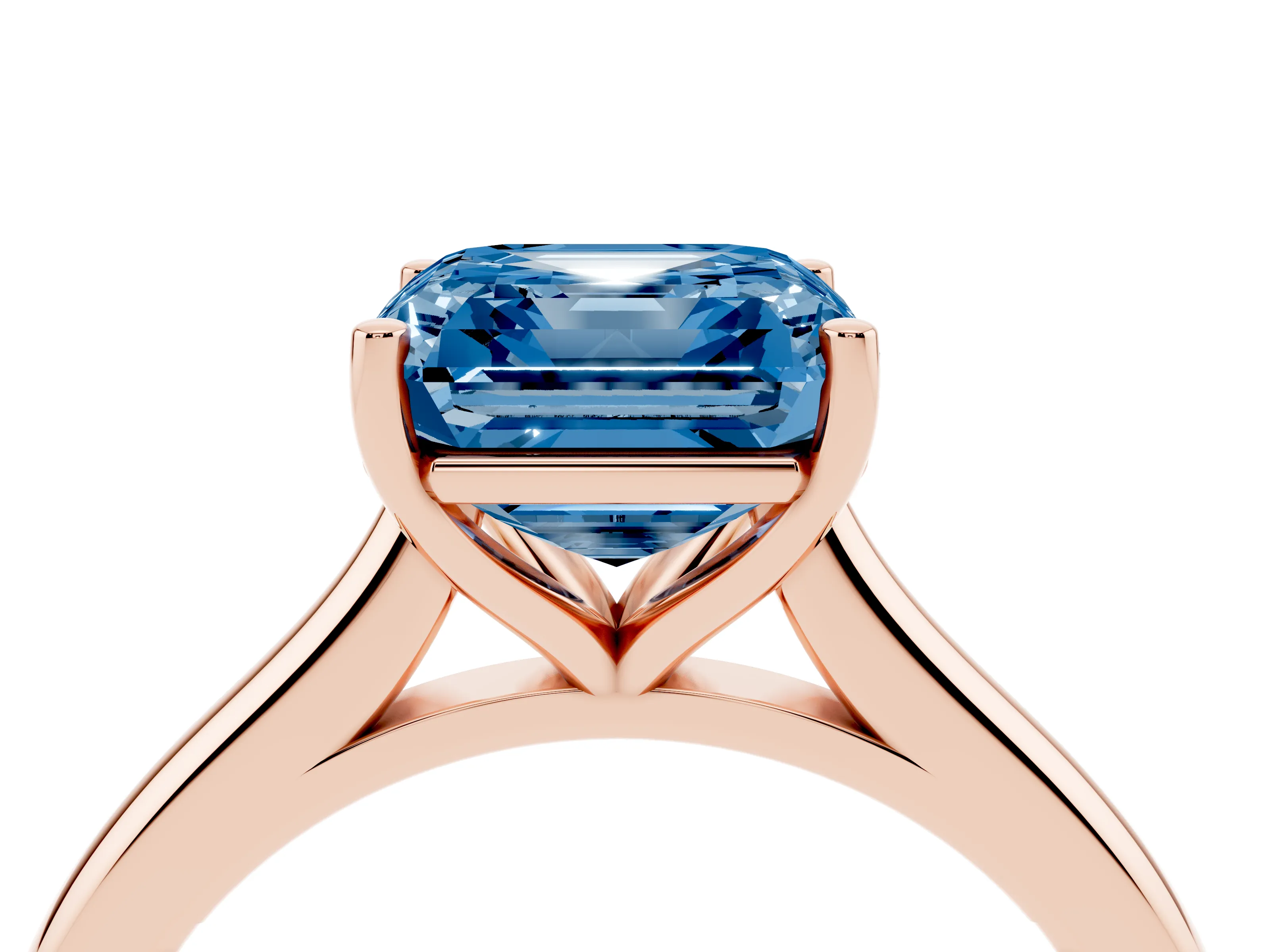 Fancy Blue Asscher Cut Diamond Solitaire Ring Set in Rose gold with Cathedral Band and Prong Setting
