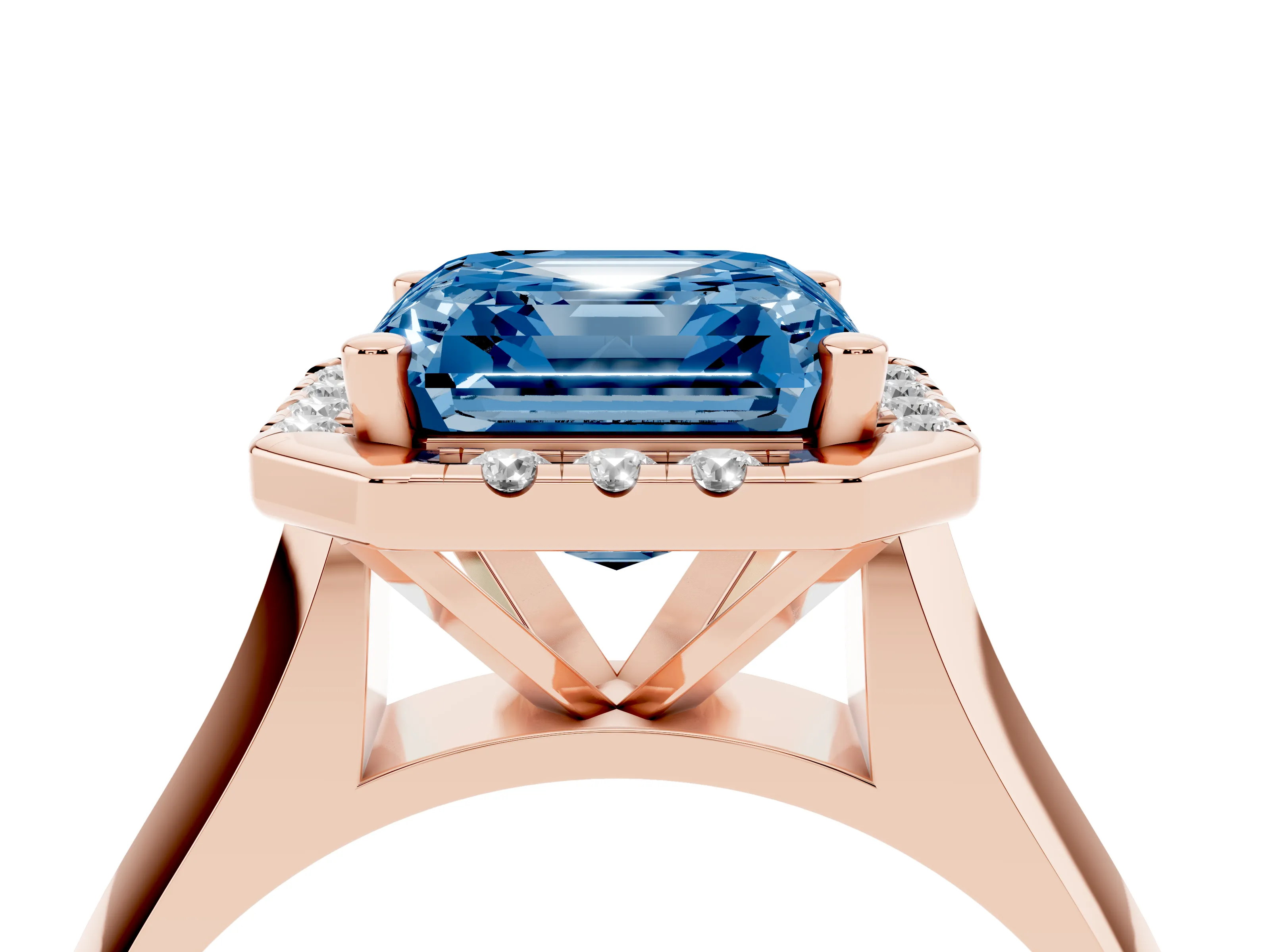 Fancy Blue Asscher Cut Diamond Halo Solitaire Engagement Ring Set in Rose gold with Square Band and Prong Setting