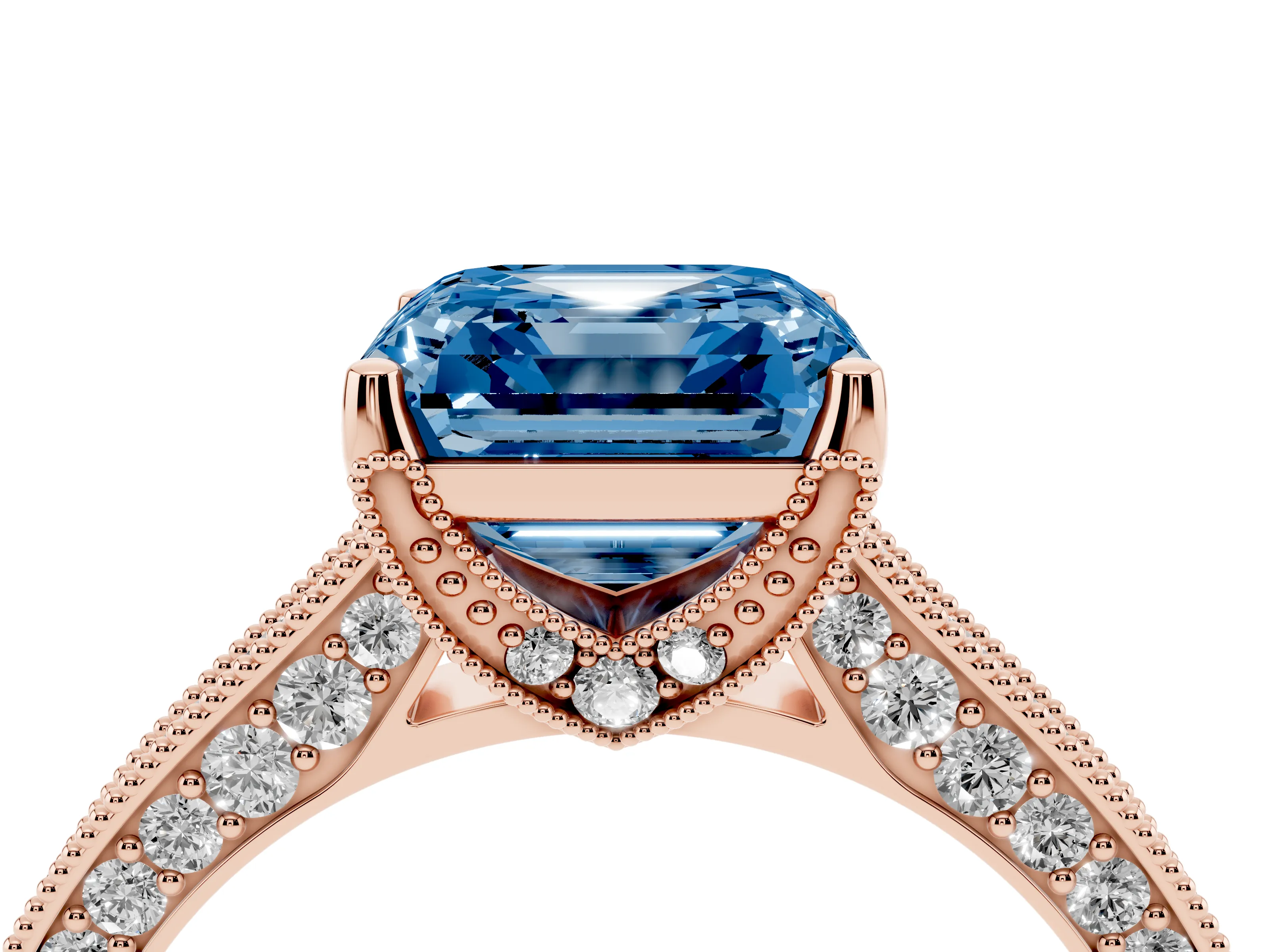 Fancy Blue Asscher Cut Diamond Solitaire Ring Set in Rose gold with Milgrain-Edged Pavé Band and Prong Setting