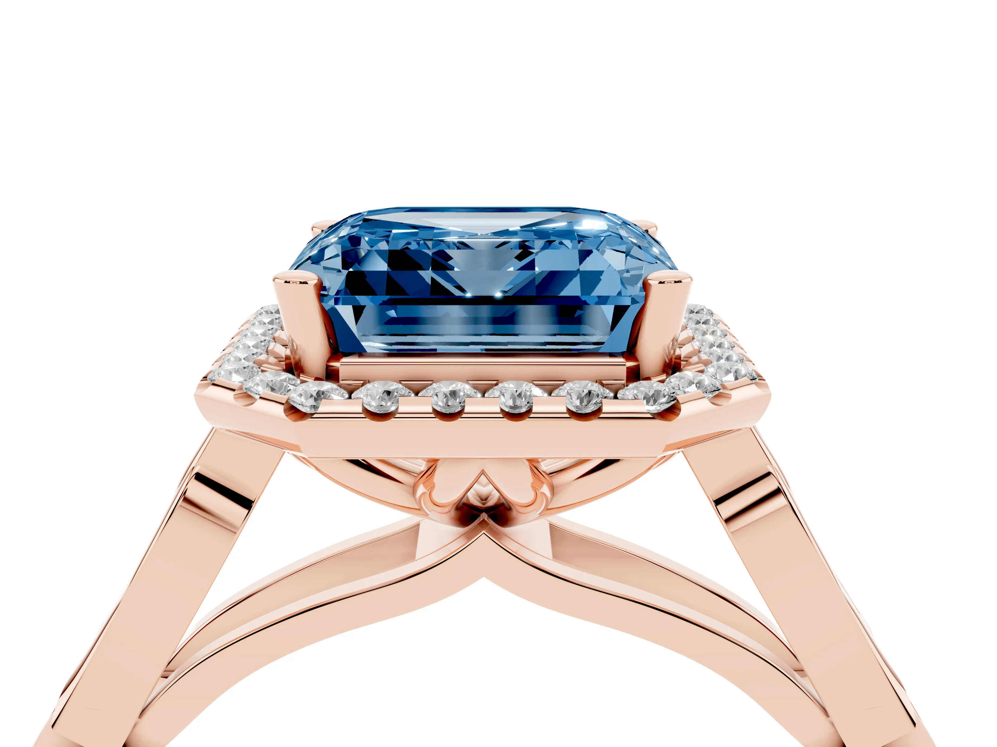 Fancy Blue Asscher Cut Diamond Halo Engagement Ring Set in Rose gold with Filigree Band and Prong-Set Center