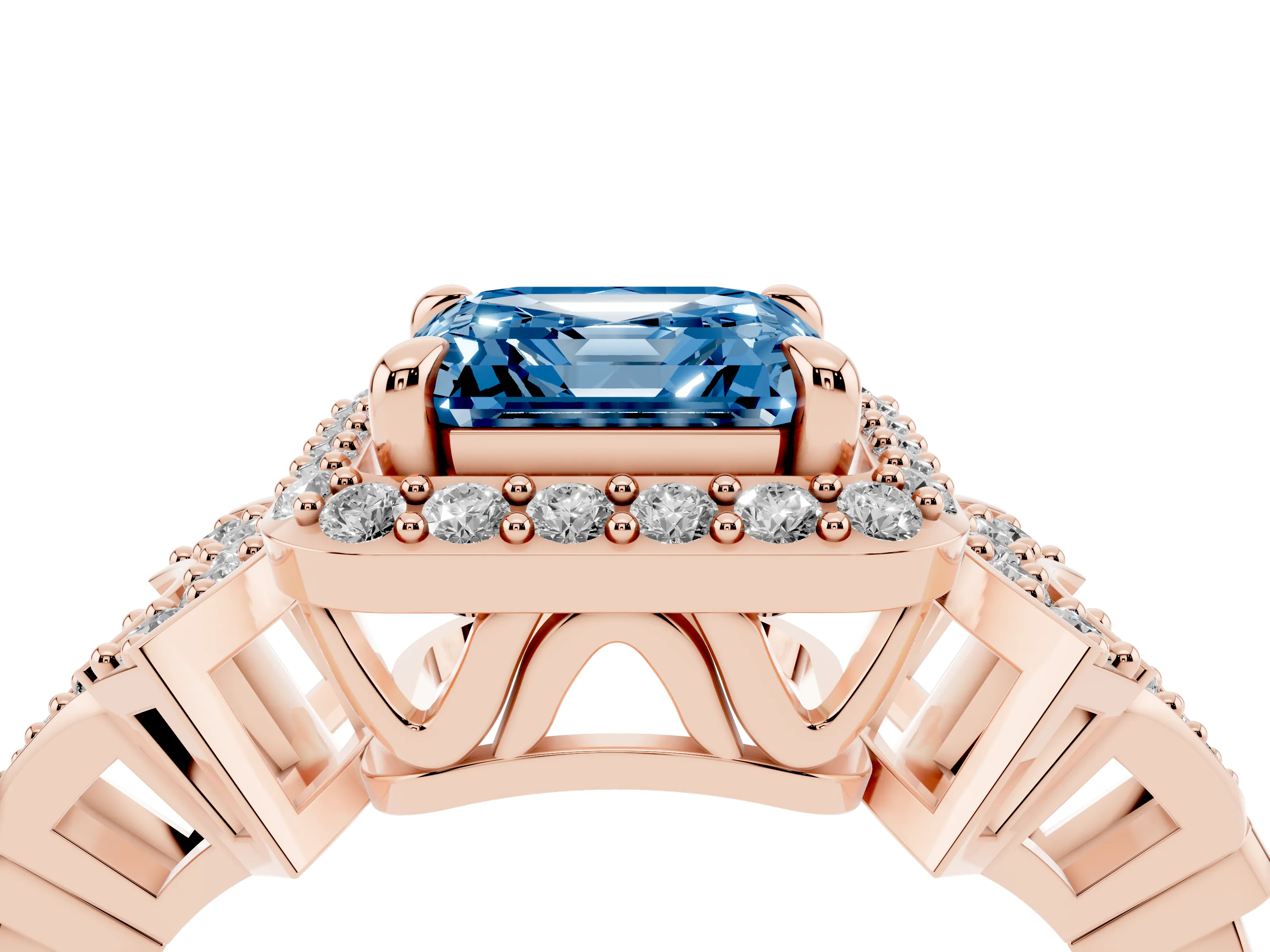 Fancy Blue Asscher Cut Diamond Halo Engagement Ring Set in Rose gold with Accent Stone Split Shank