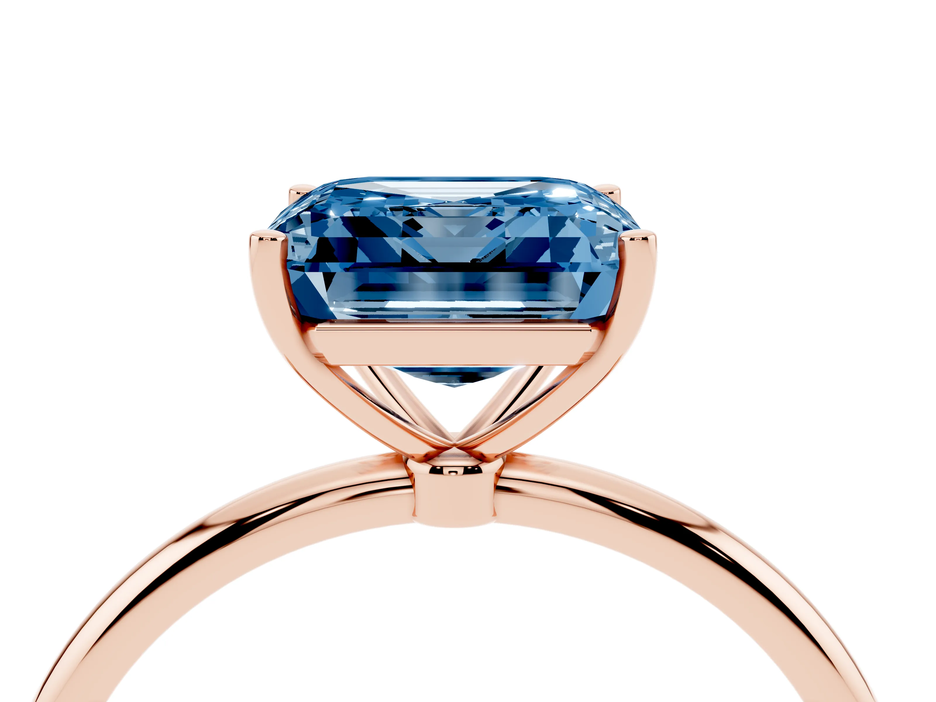 Fancy Blue Asscher Cut Diamond Solitaire Engagement Ring Set in Rose gold with Thin Band and Prong Setting