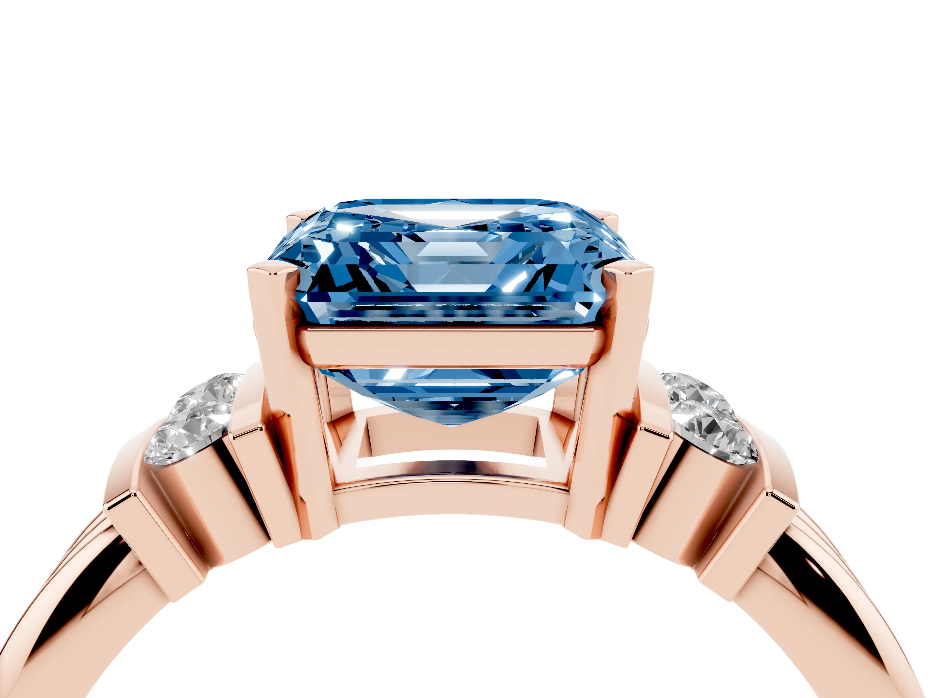 Fancy Blue Three-Stone Asscher Cut Diamond Channel Set Ring Set in Rose gold with Bar Prongs