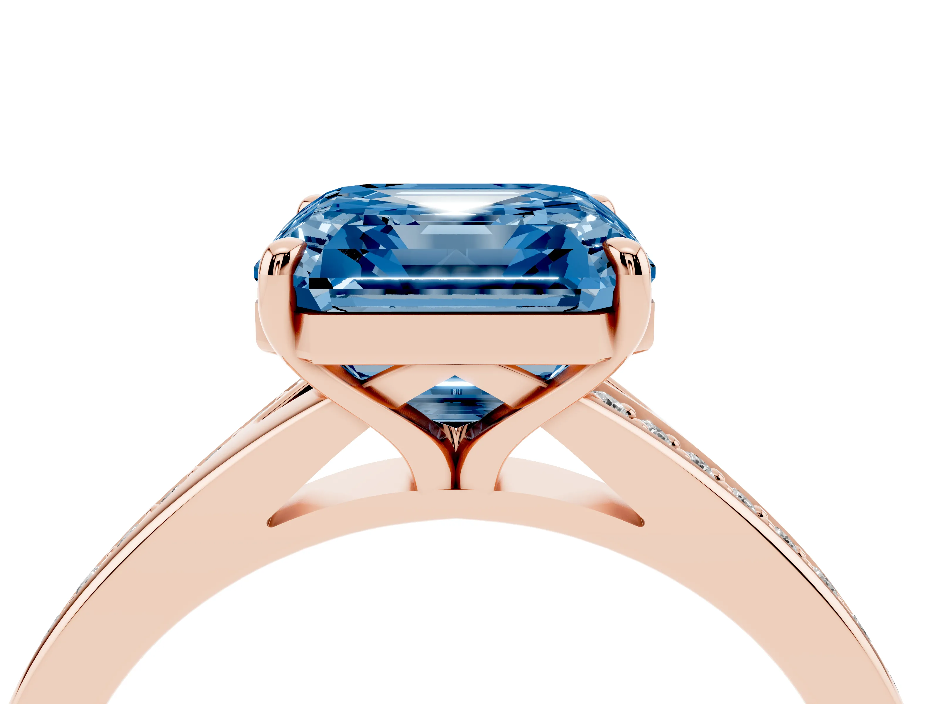 Fancy Blue Asscher Cut Diamond Solitaire Ring Set in Rose gold with Pavé Accent Band and Classic Prong Setting
