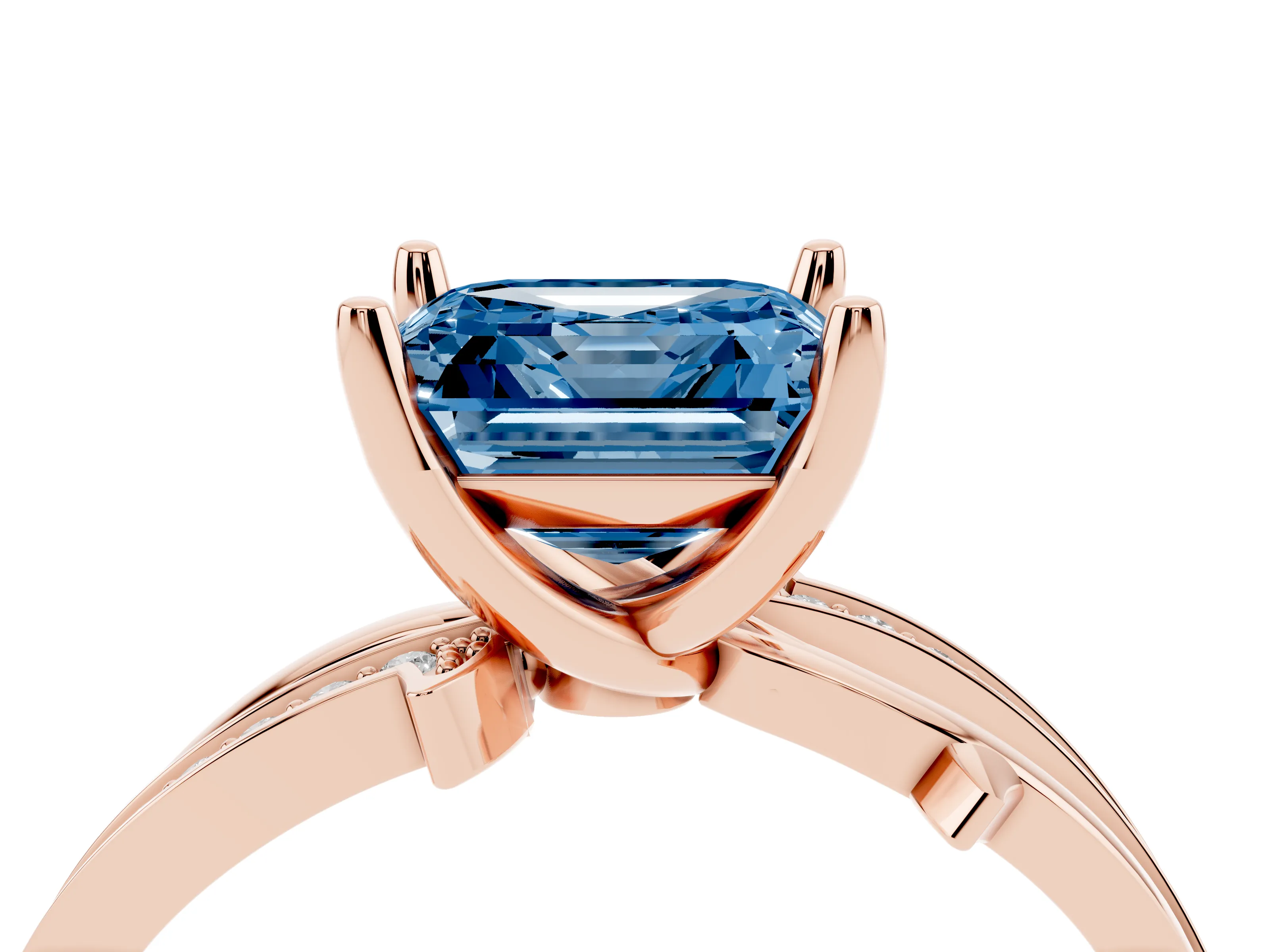 Fancy Blue Asscher Cut Diamond Pavé Twist Band Solitaire Ring Set in Rose gold with Prong Setting