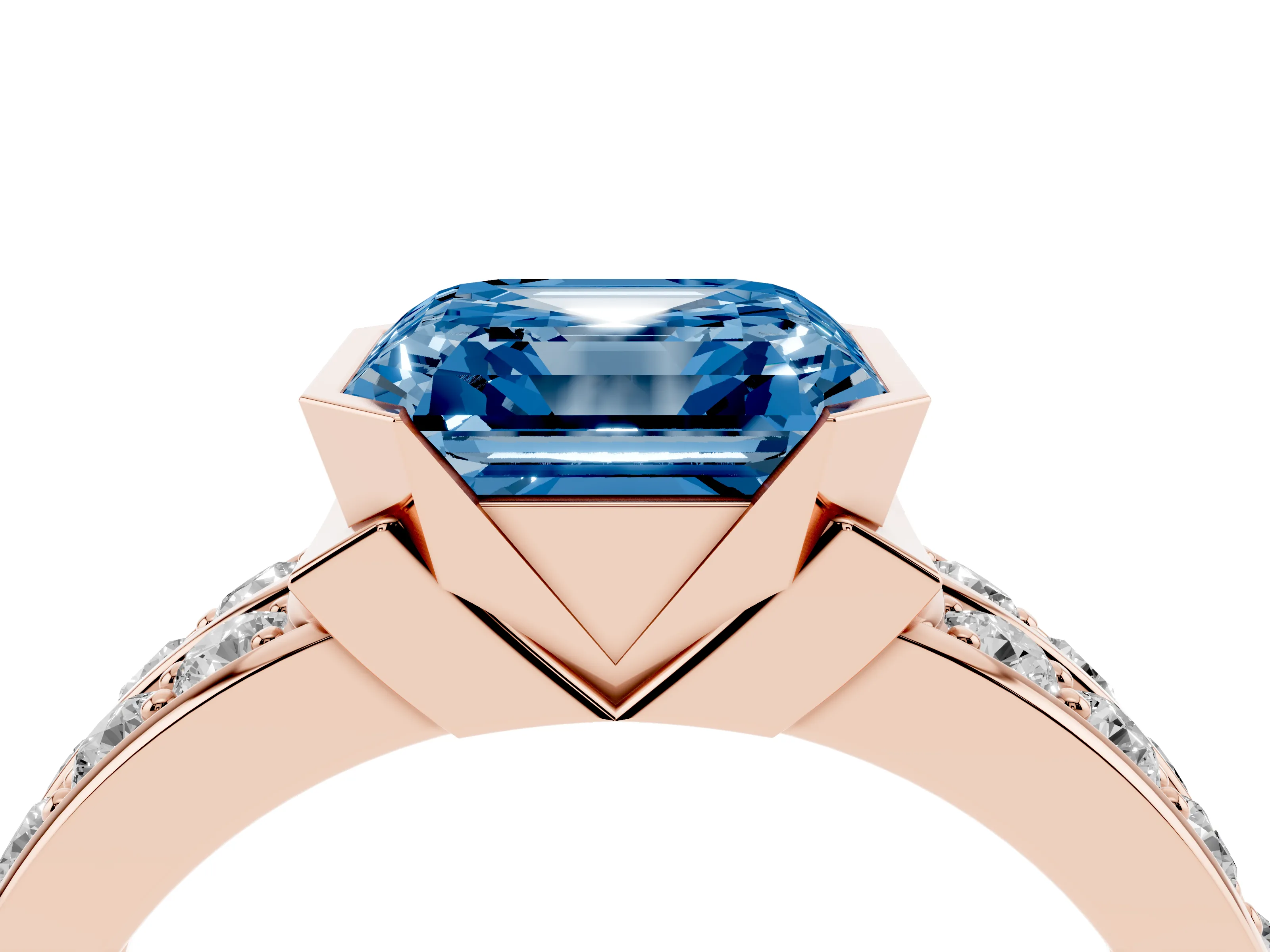 Fancy Blue Asscher Cut Diamond Wide Channel Set Band Ring Set in Rose gold with Bezel Setting