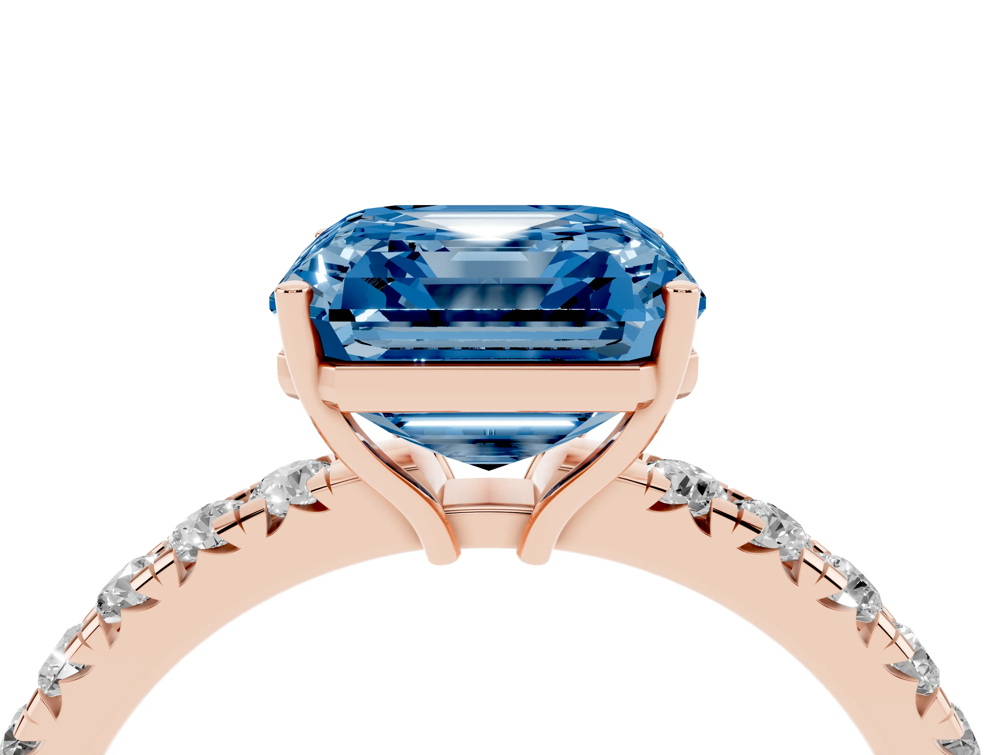 Fancy Blue Asscher Cut Diamond Pavé Solitaire Engagement Ring Set in Rose gold with Prong Setting
