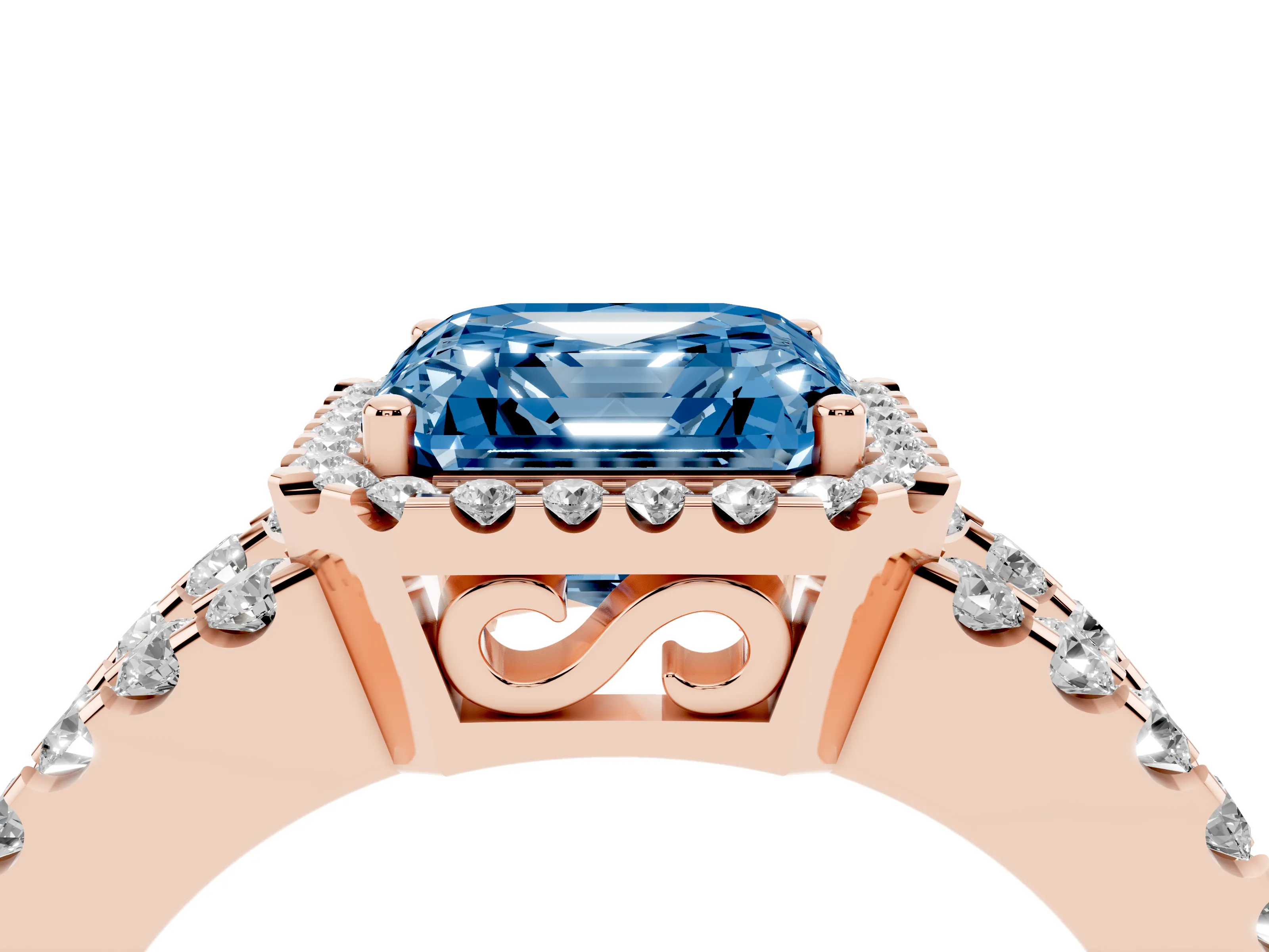 Fancy Blue Asscher Cut Diamond Halo Ring Set in Rose gold with Pavé Split Shank and Prong Setting