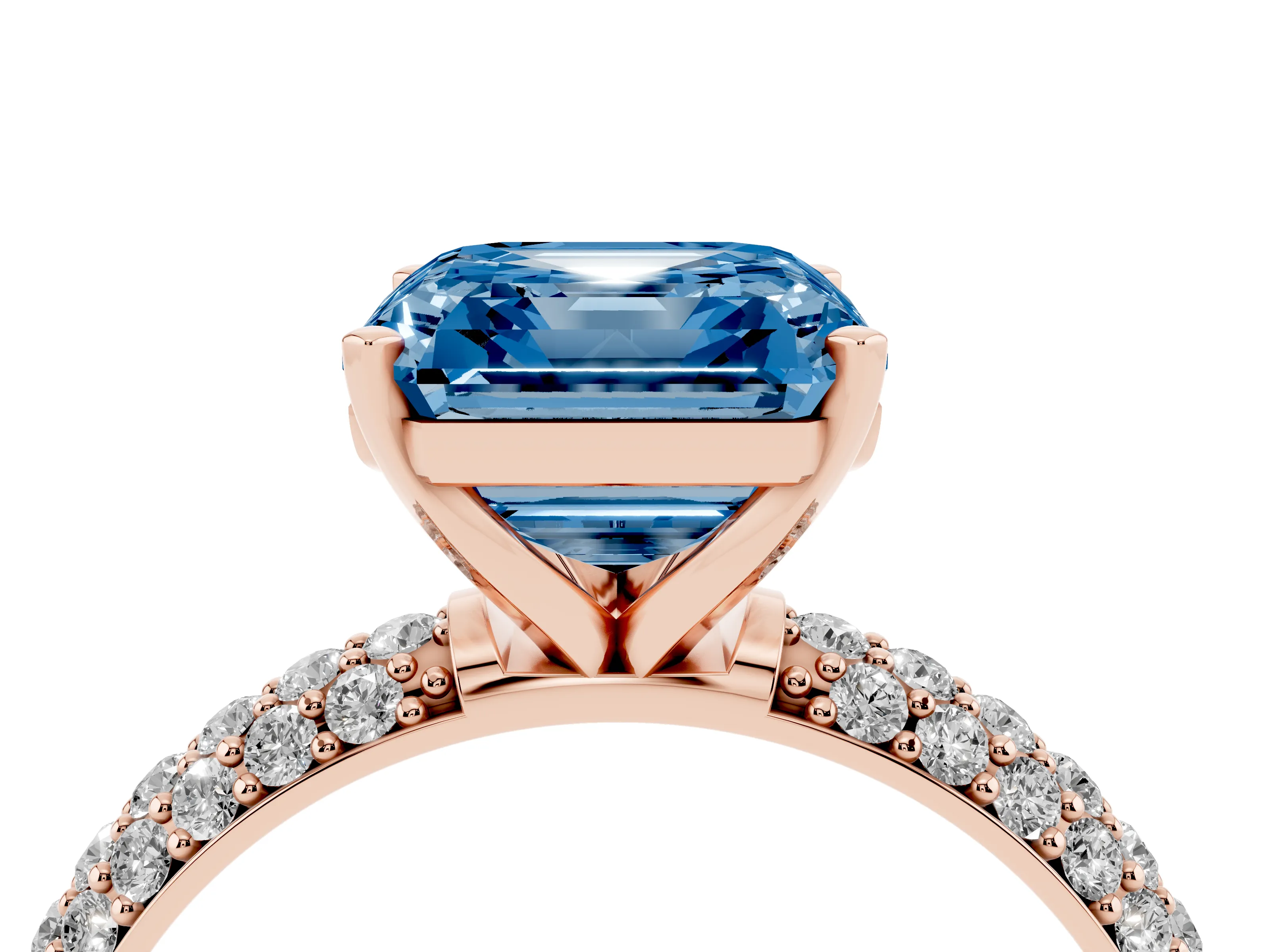 Fancy Blue Asscher Cut Diamond Solitaire Ring Set in Rose gold with Prong Setting and Pavé-Set Band