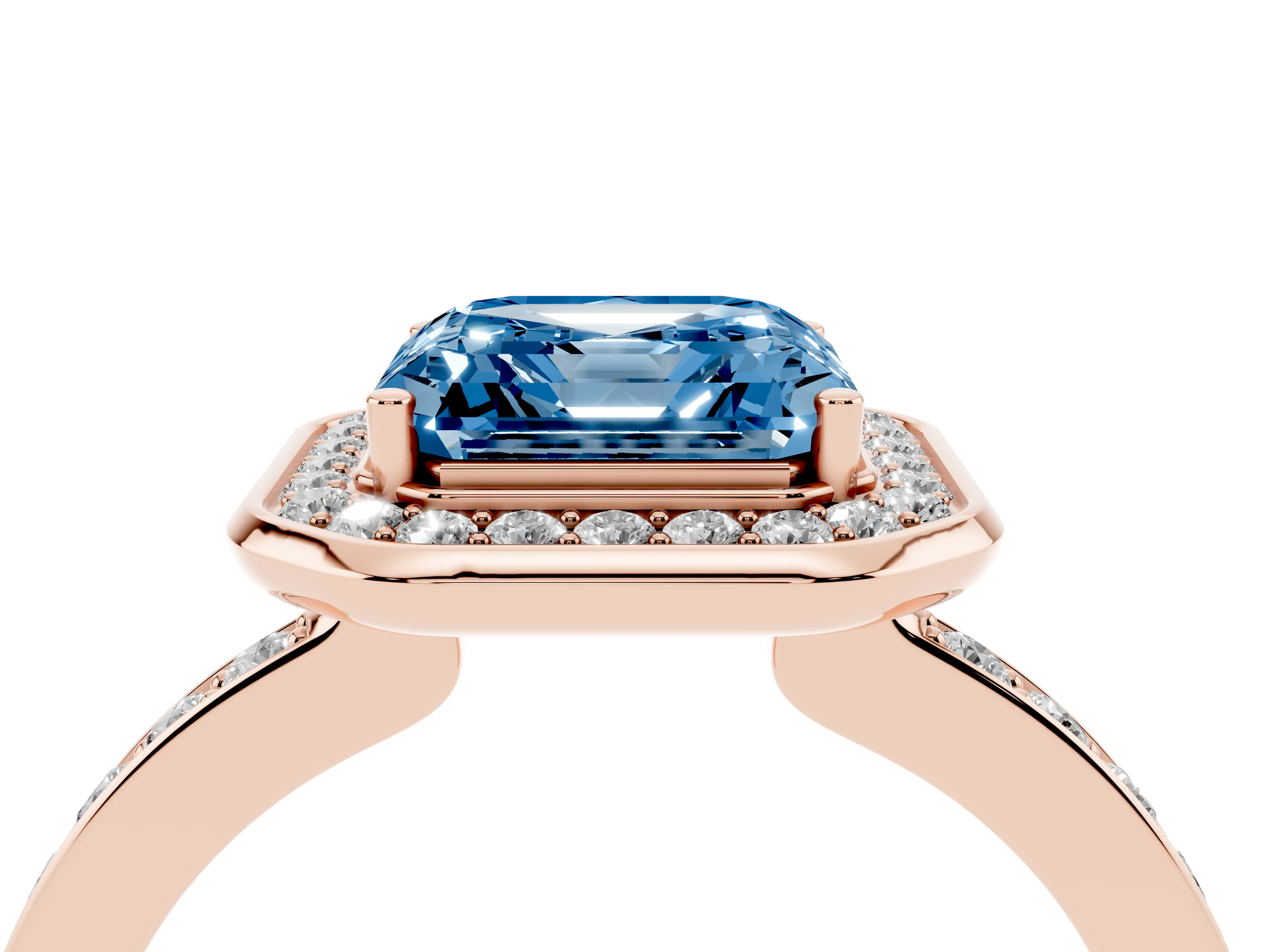 Fancy Blue Asscher Cut Diamond Halo Ring Set in Rose gold with Bezel Frame and Pavé Band