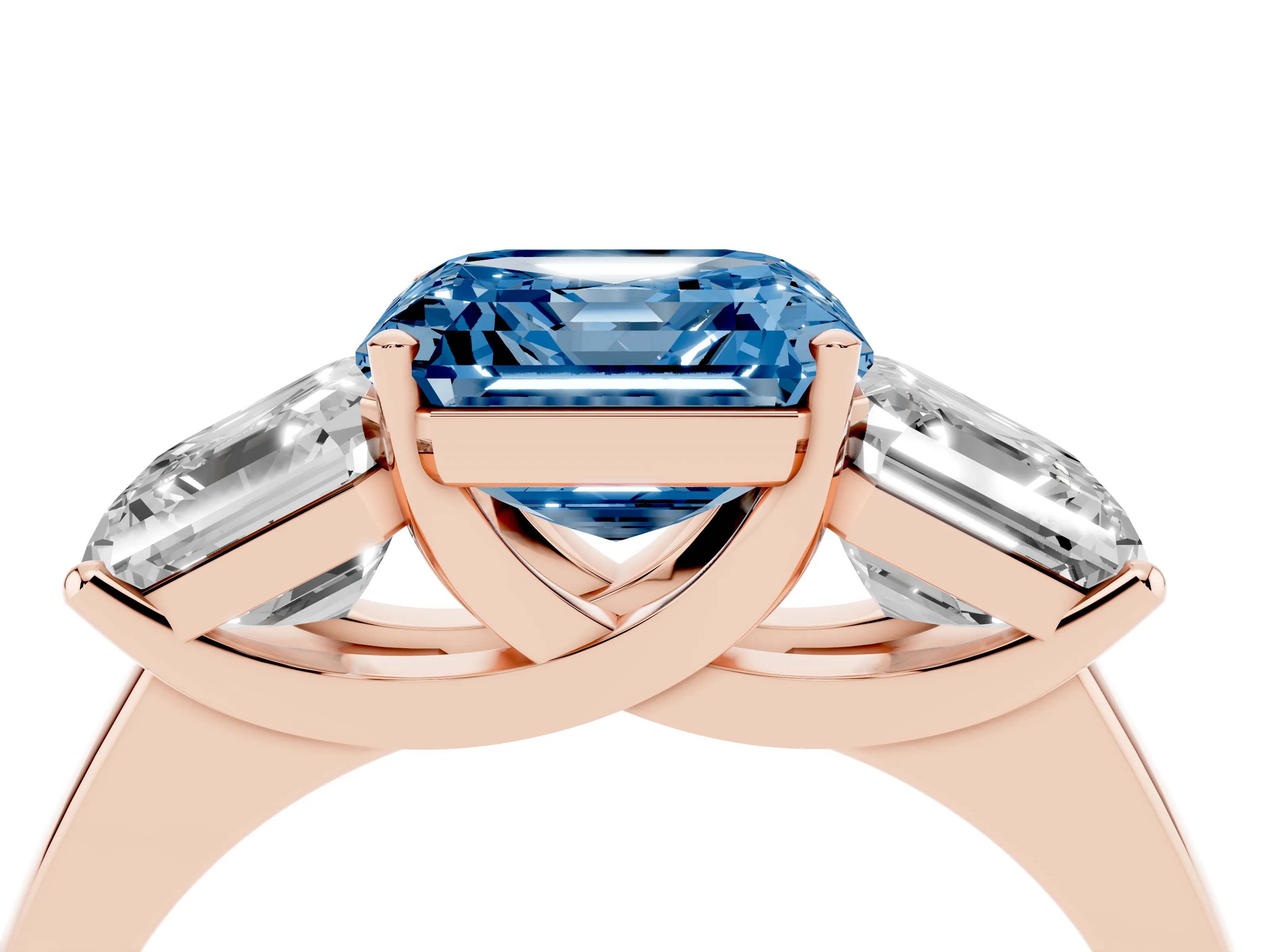 Fancy Blue Asscher Cut Diamond Three-Stone Ring Set in Rose gold with Classic Prong Setting and Plain Band